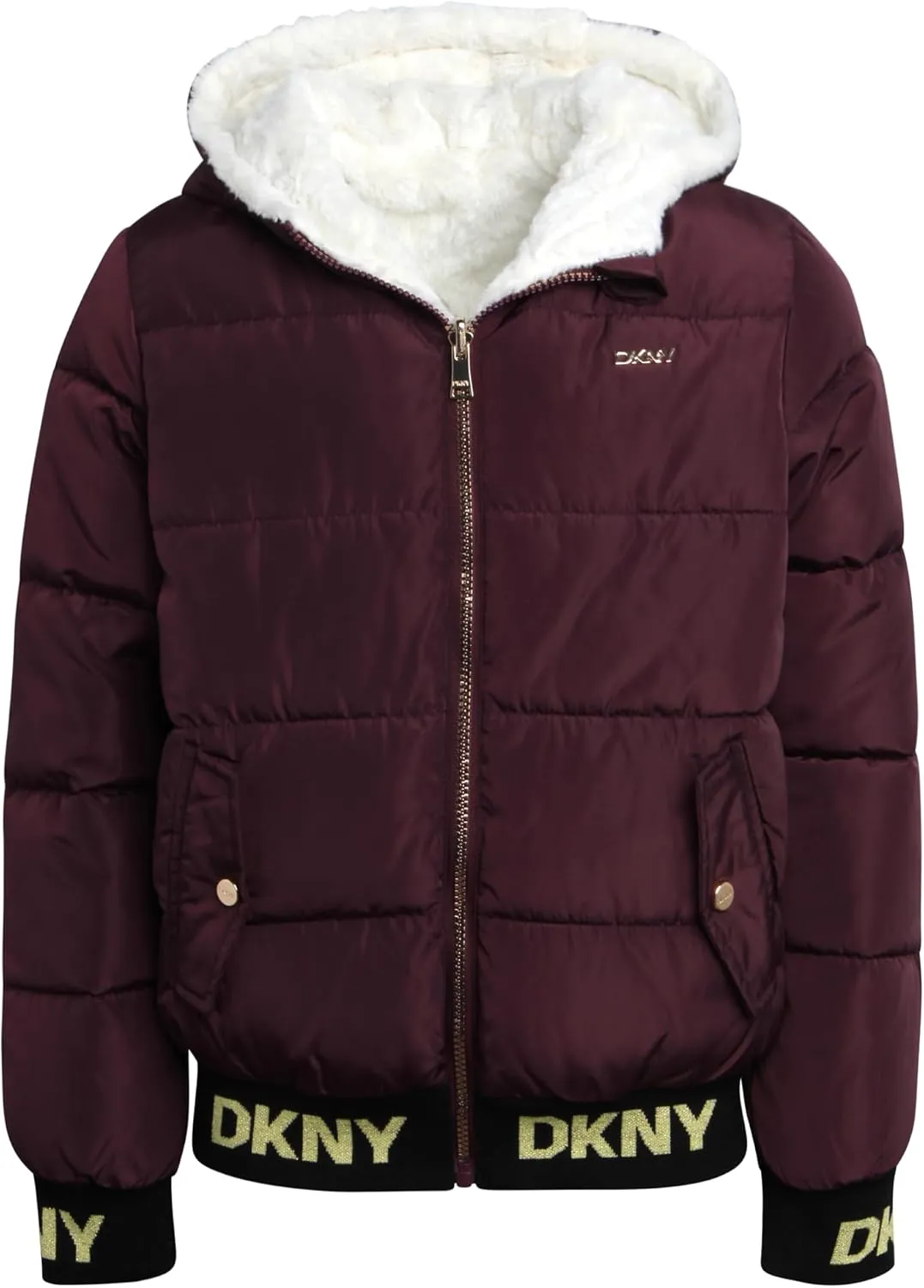 DKNY Girls' Hooded Puffer Jacket - Insulated Reversible Faux Fur Bomber Winter Coat - Quilted Outerwear for Girls (7-16)
