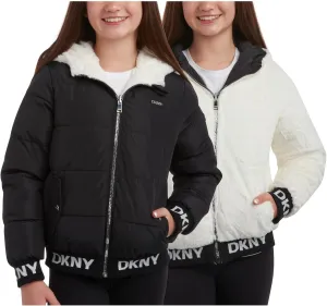 DKNY Girls' Hooded Puffer Jacket - Insulated Reversible Faux Fur Bomber Winter Coat - Quilted Outerwear for Girls (7-16)