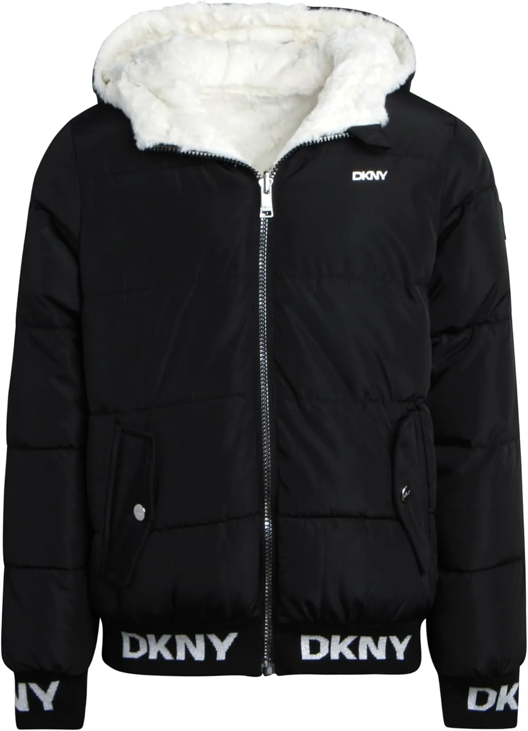 DKNY Girls' Hooded Puffer Jacket - Insulated Reversible Faux Fur Bomber Winter Coat - Quilted Outerwear for Girls (7-16)