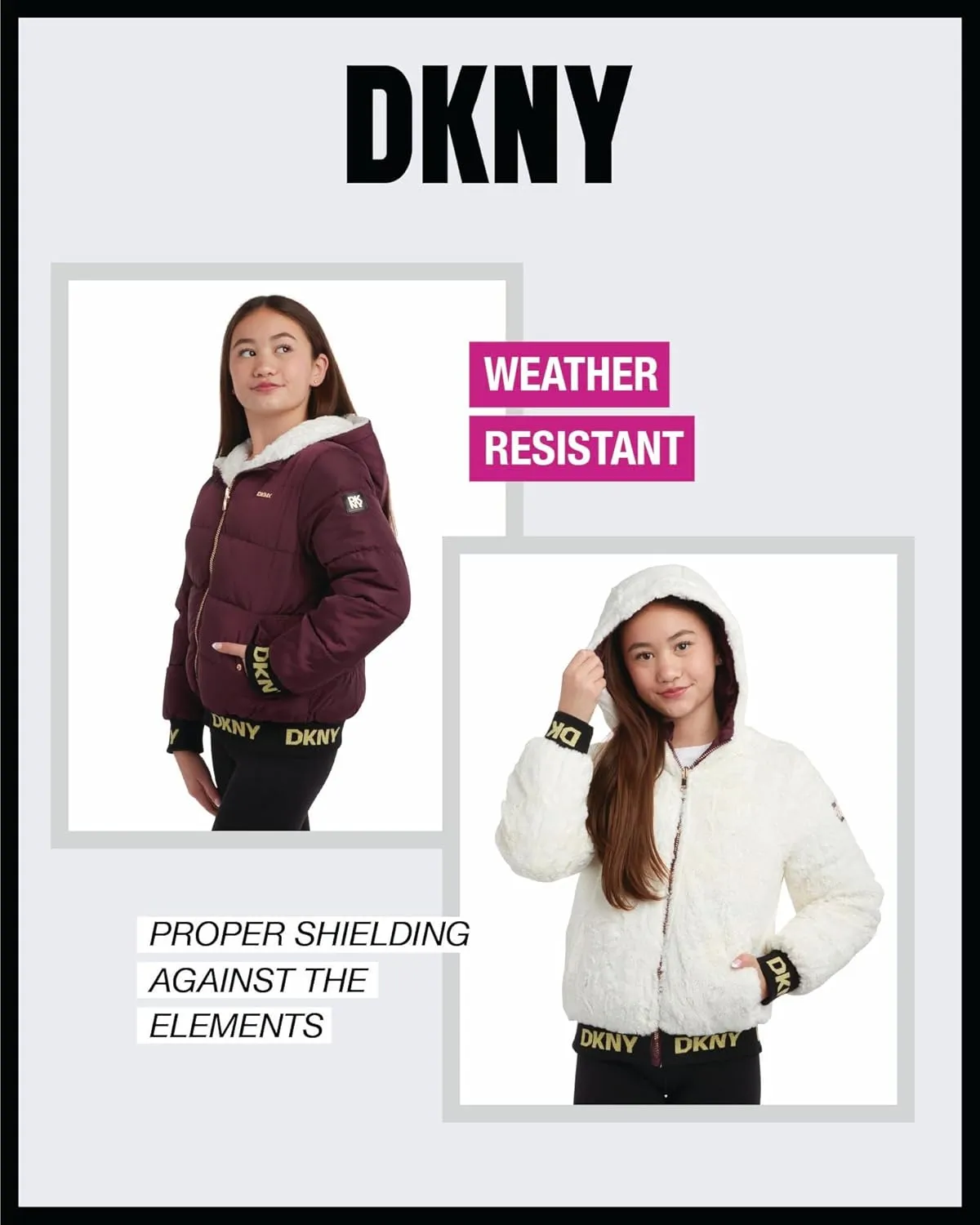 DKNY Girls' Hooded Puffer Jacket - Insulated Reversible Faux Fur Bomber Winter Coat - Quilted Outerwear for Girls (7-16)