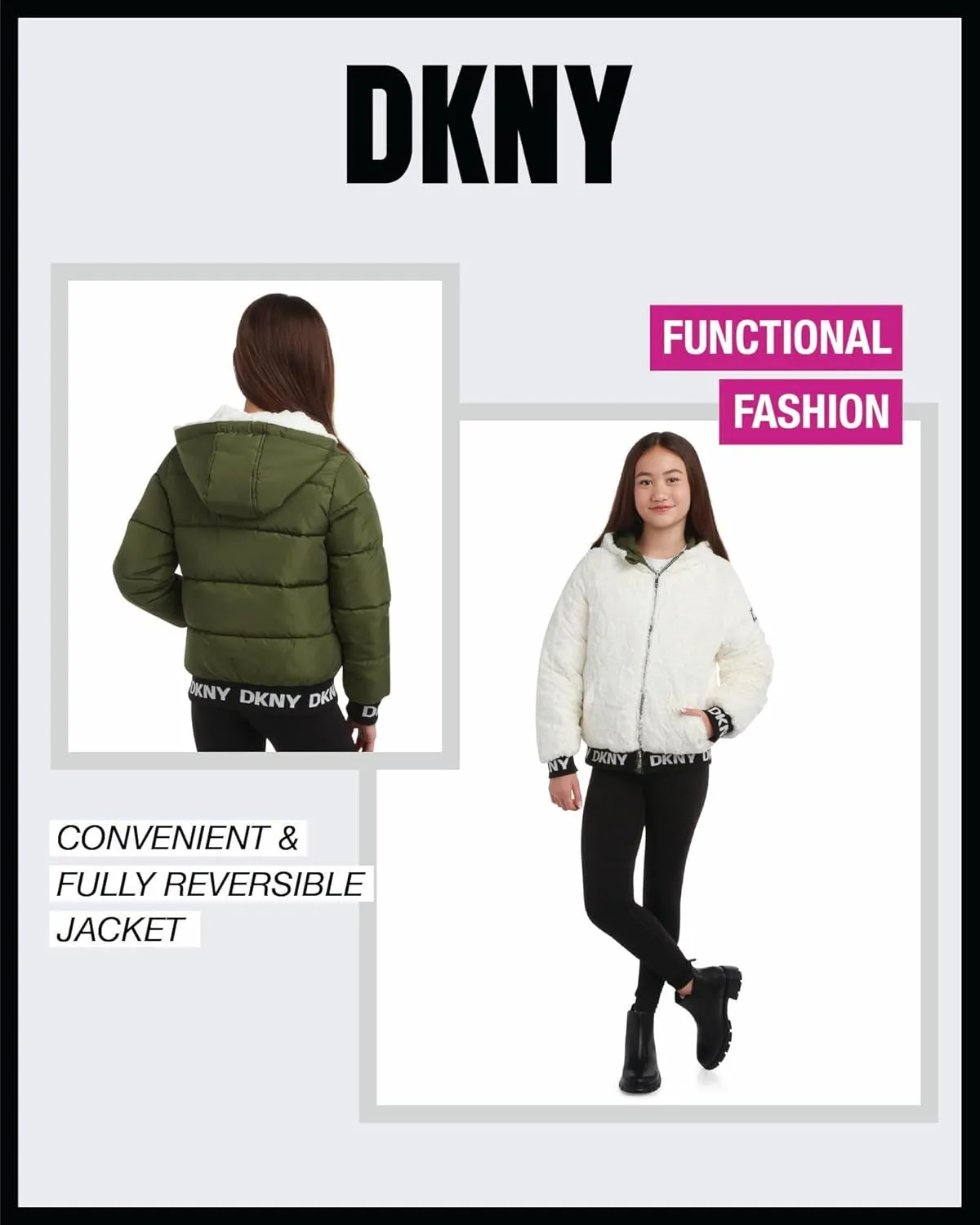 DKNY Girls' Hooded Puffer Jacket - Insulated Reversible Faux Fur Bomber Winter Coat - Quilted Outerwear for Girls (7-16)