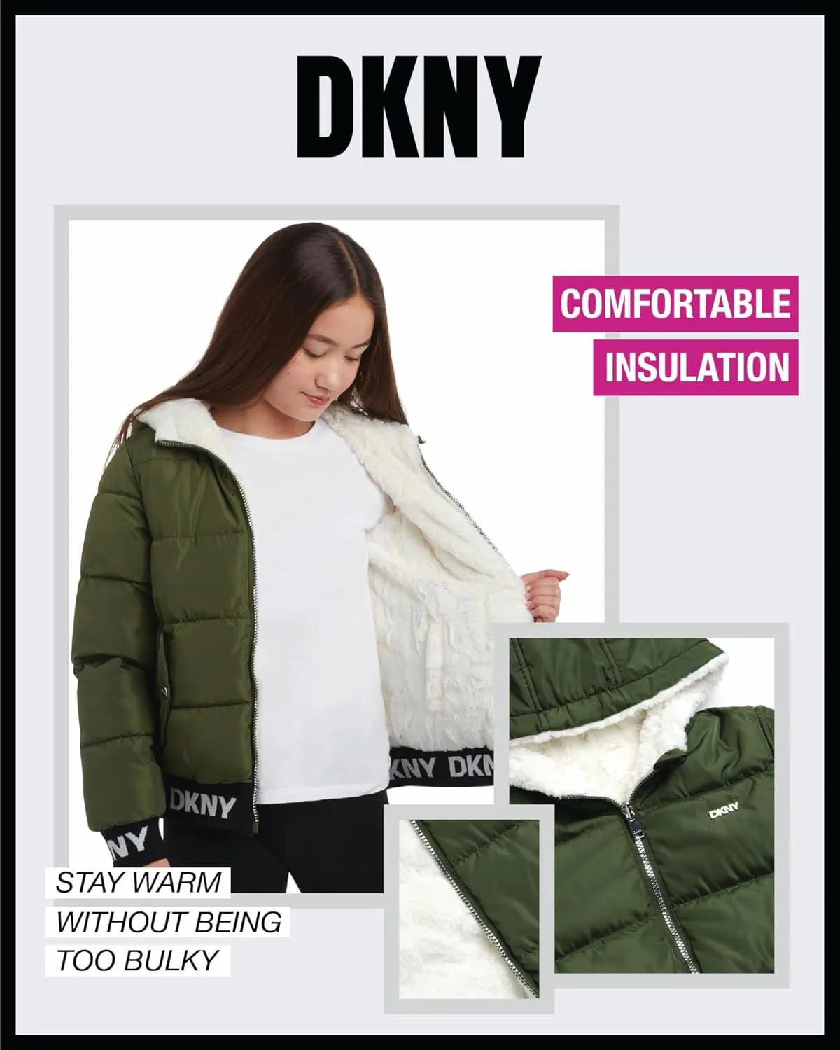 DKNY Girls' Hooded Puffer Jacket - Insulated Reversible Faux Fur Bomber Winter Coat - Quilted Outerwear for Girls (7-16)