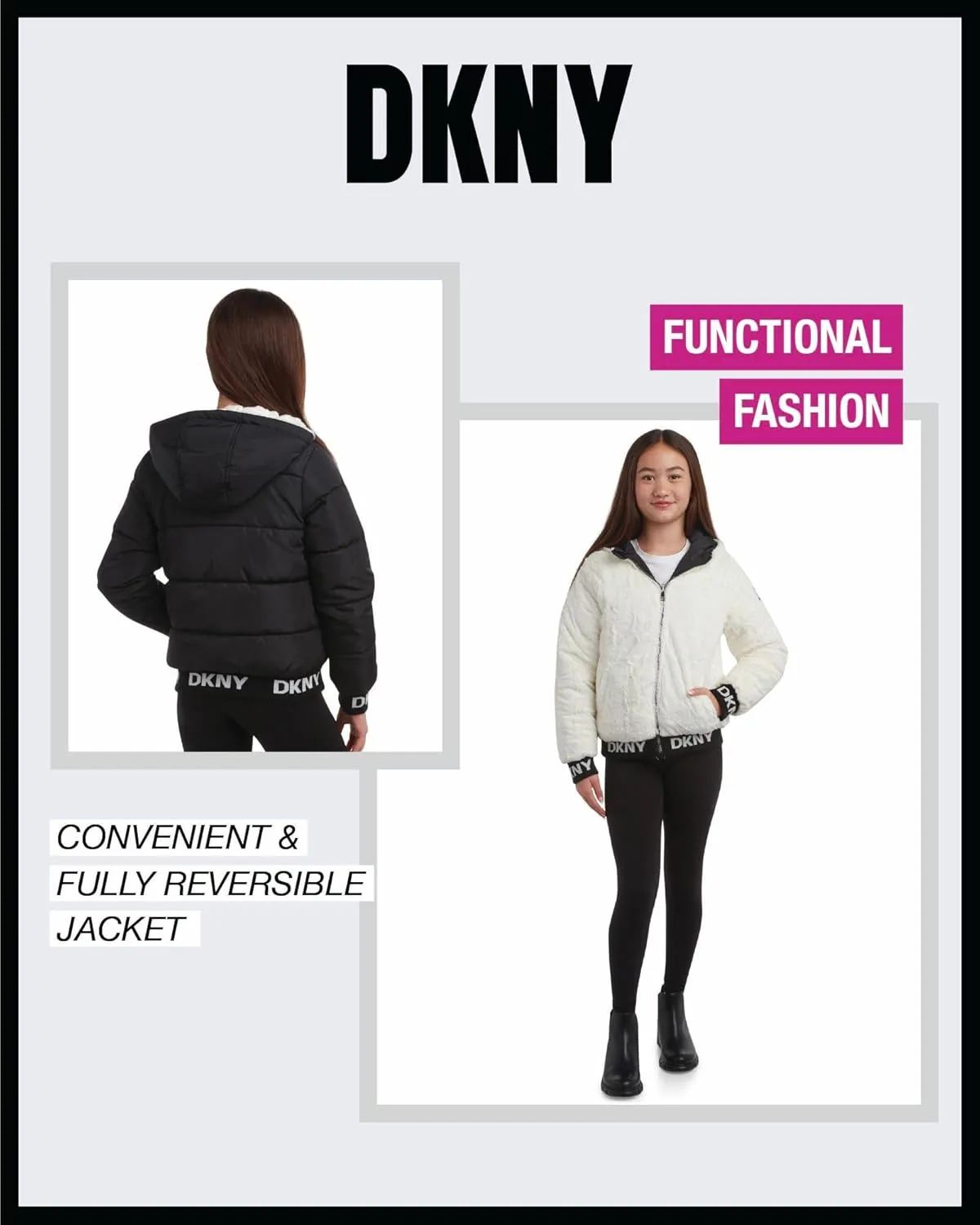 DKNY Girls' Hooded Puffer Jacket - Insulated Reversible Faux Fur Bomber Winter Coat - Quilted Outerwear for Girls (7-16)