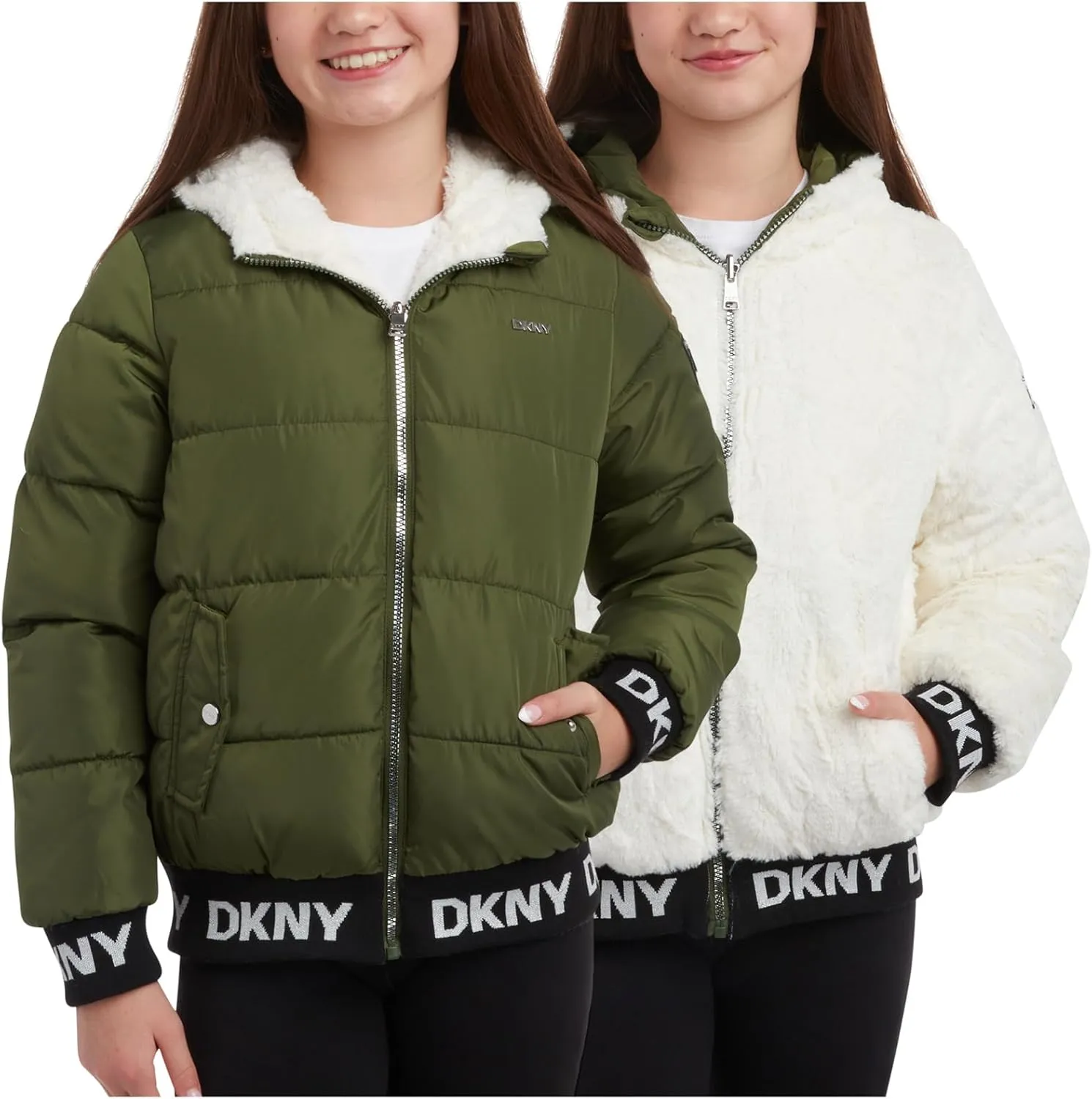 DKNY Girls' Hooded Puffer Jacket - Insulated Reversible Faux Fur Bomber Winter Coat - Quilted Outerwear for Girls (7-16)