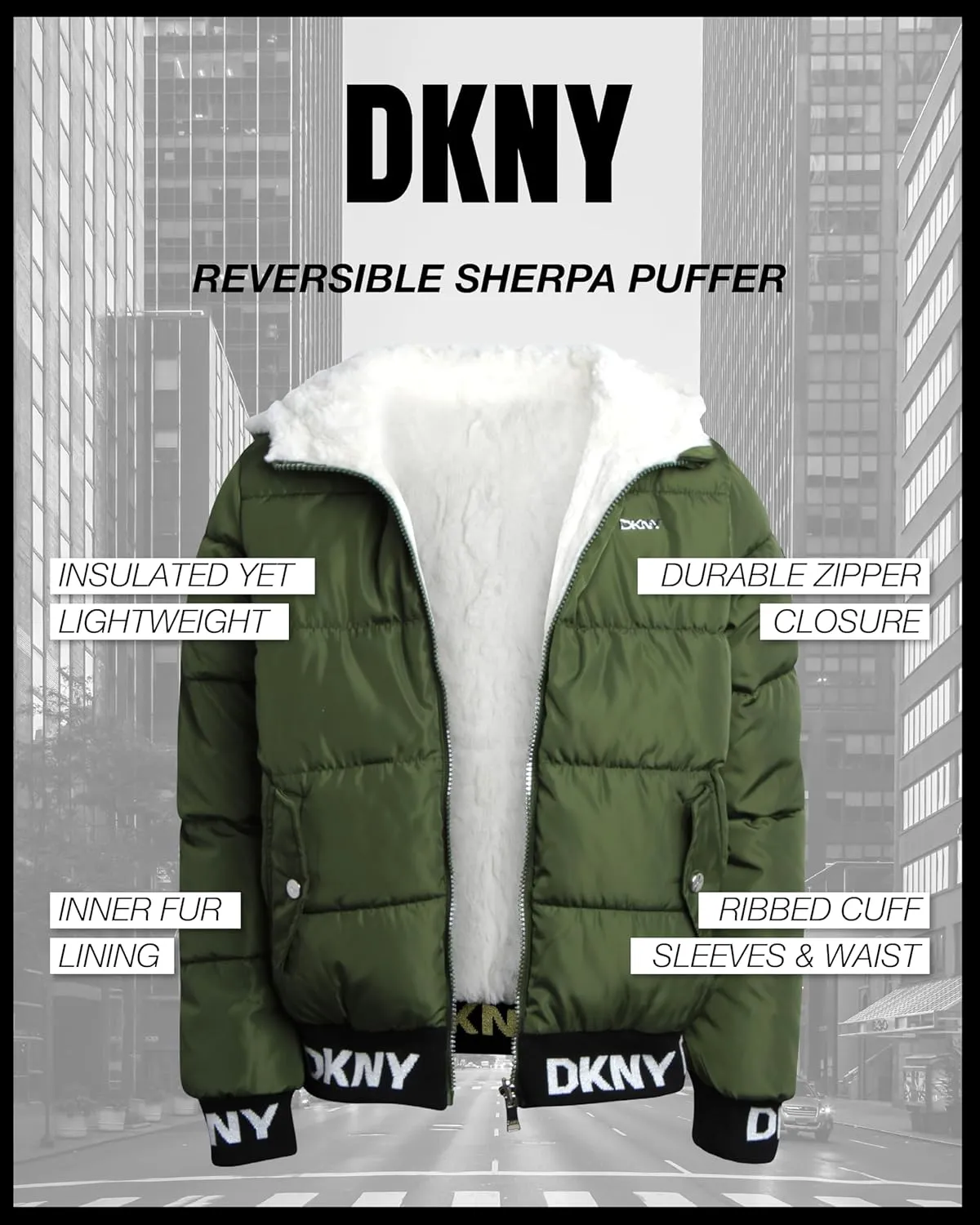 DKNY Girls' Hooded Puffer Jacket - Insulated Reversible Faux Fur Bomber Winter Coat - Quilted Outerwear for Girls (7-16)