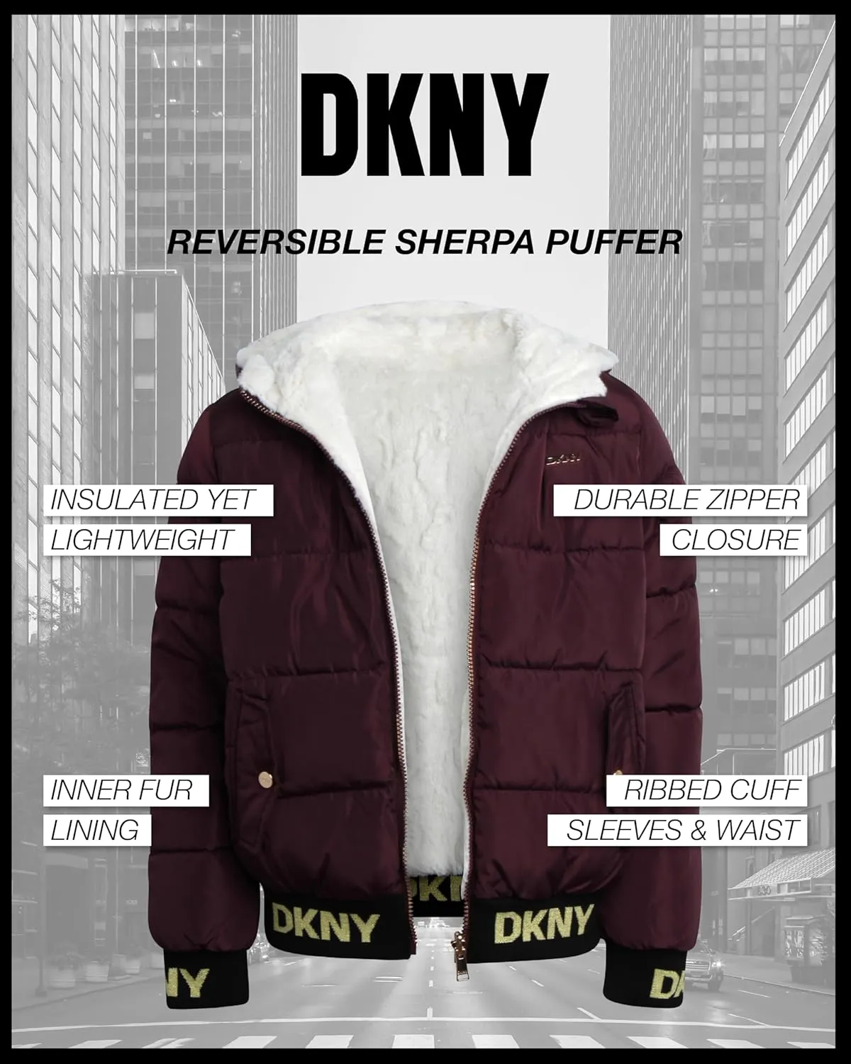 DKNY Girls' Hooded Puffer Jacket - Insulated Reversible Faux Fur Bomber Winter Coat - Quilted Outerwear for Girls (7-16)