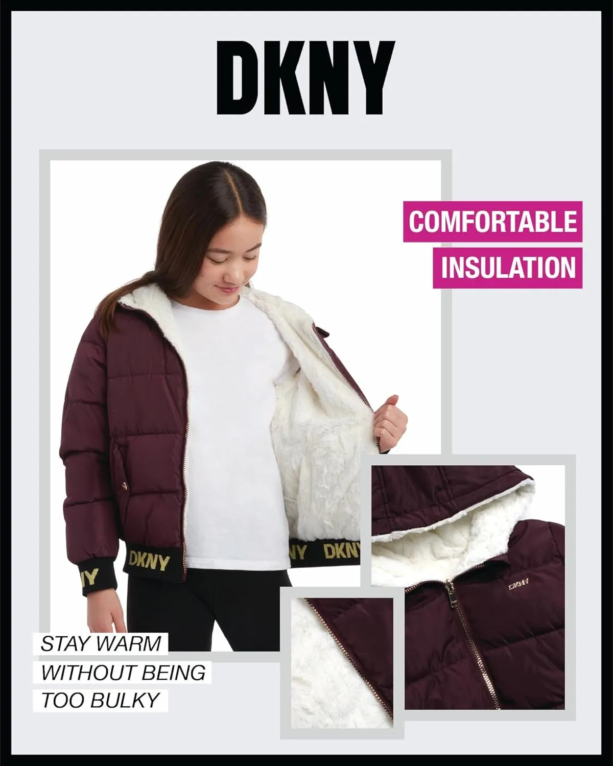 DKNY Girls' Hooded Puffer Jacket - Insulated Reversible Faux Fur Bomber Winter Coat - Quilted Outerwear for Girls (7-16)