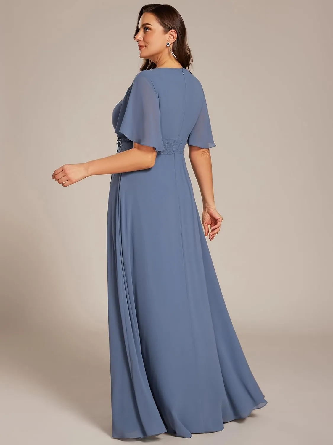 Ever-Pretty Plus Women's Round Neck Appliques Chiffon Short Sleeves Long Plus Size Formal Dresses Evening Gowns 02960-DA