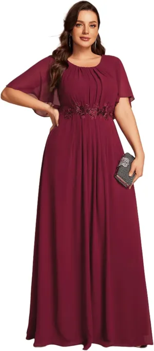 Ever-Pretty Plus Women's Round Neck Appliques Chiffon Short Sleeves Long Plus Size Formal Dresses Evening Gowns 02960-DA