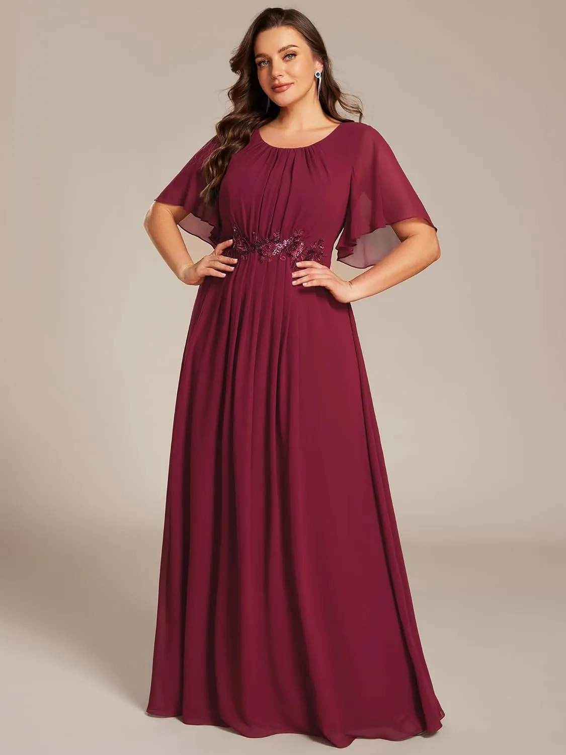 Ever-Pretty Plus Women's Round Neck Appliques Chiffon Short Sleeves Long Plus Size Formal Dresses Evening Gowns 02960-DA