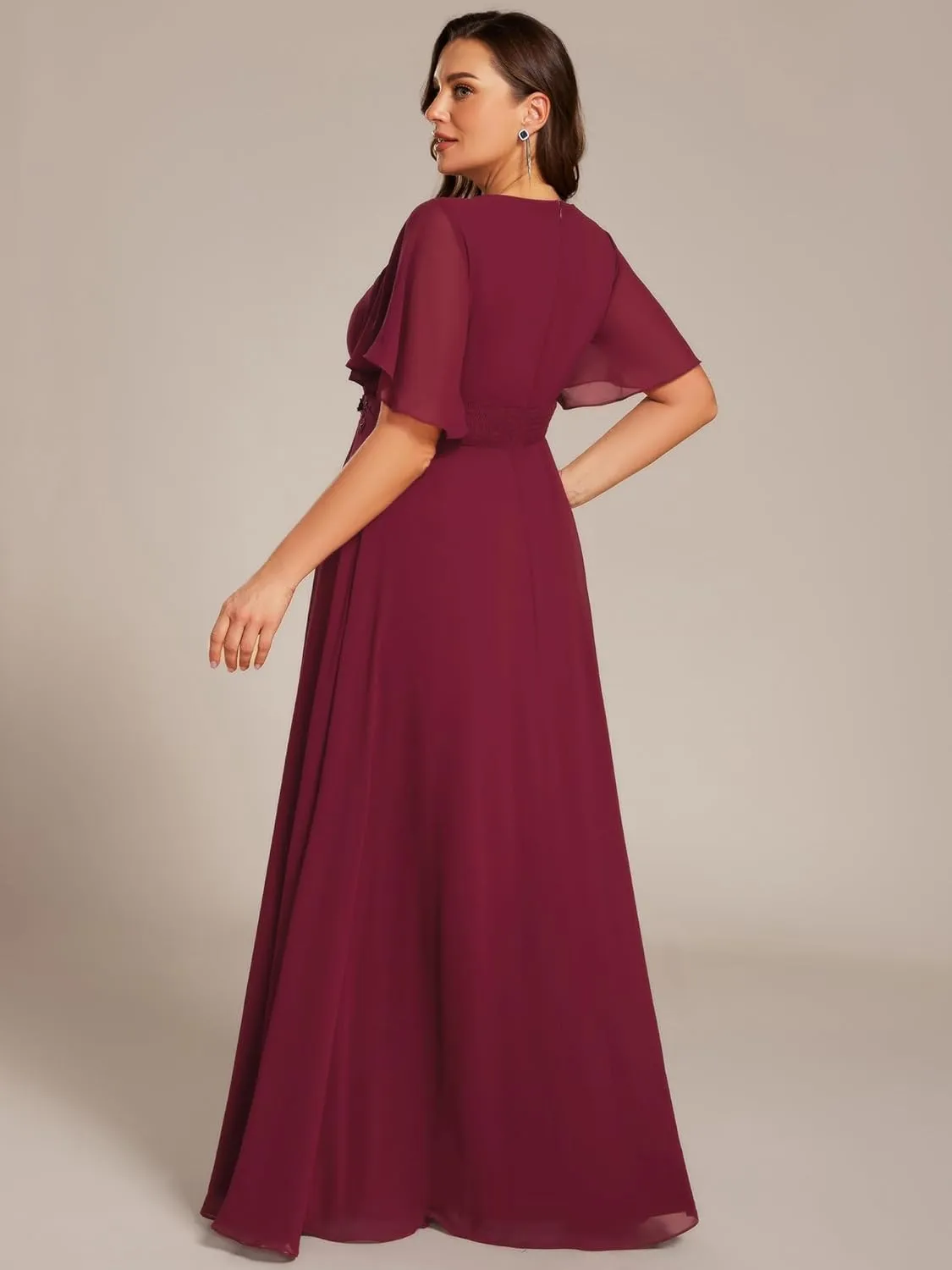 Ever-Pretty Plus Women's Round Neck Appliques Chiffon Short Sleeves Long Plus Size Formal Dresses Evening Gowns 02960-DA