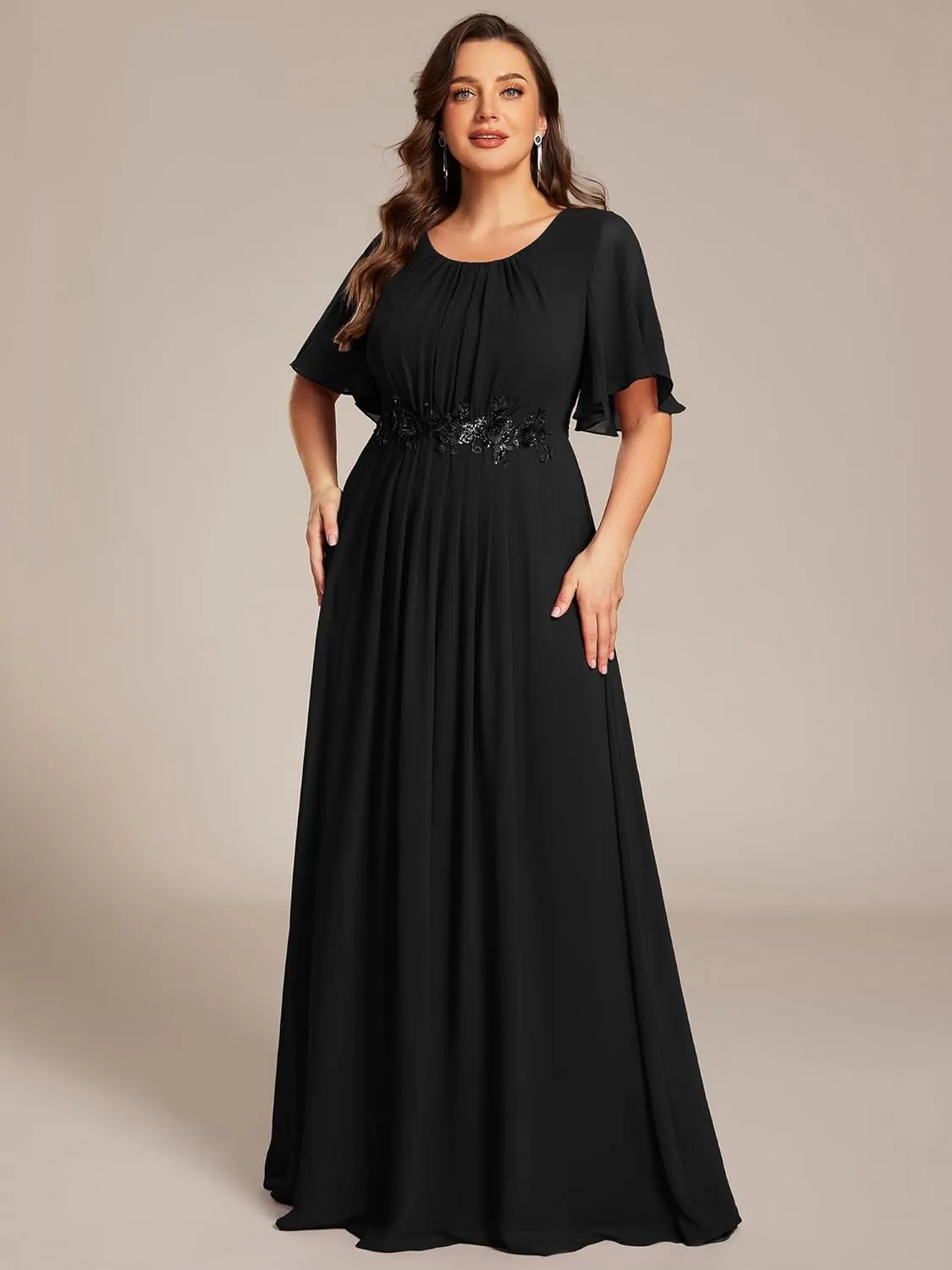 Ever-Pretty Plus Women's Round Neck Appliques Chiffon Short Sleeves Long Plus Size Formal Dresses Evening Gowns 02960-DA