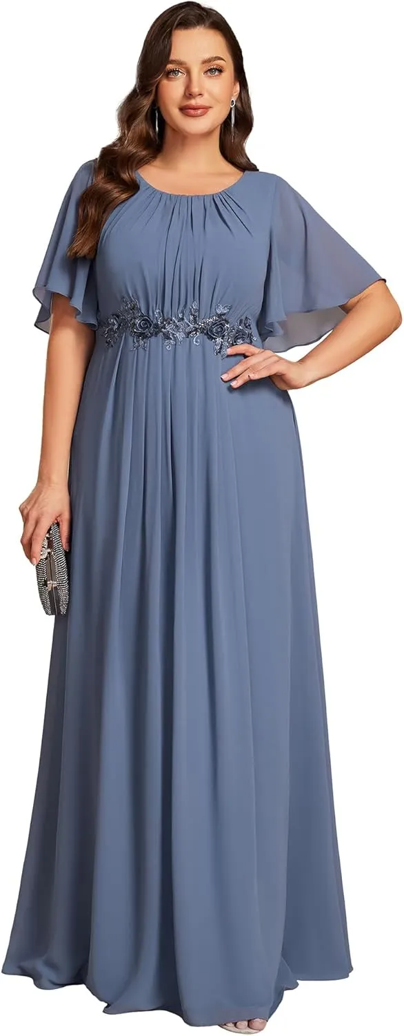 Ever-Pretty Plus Women's Round Neck Appliques Chiffon Short Sleeves Long Plus Size Formal Dresses Evening Gowns 02960-DA