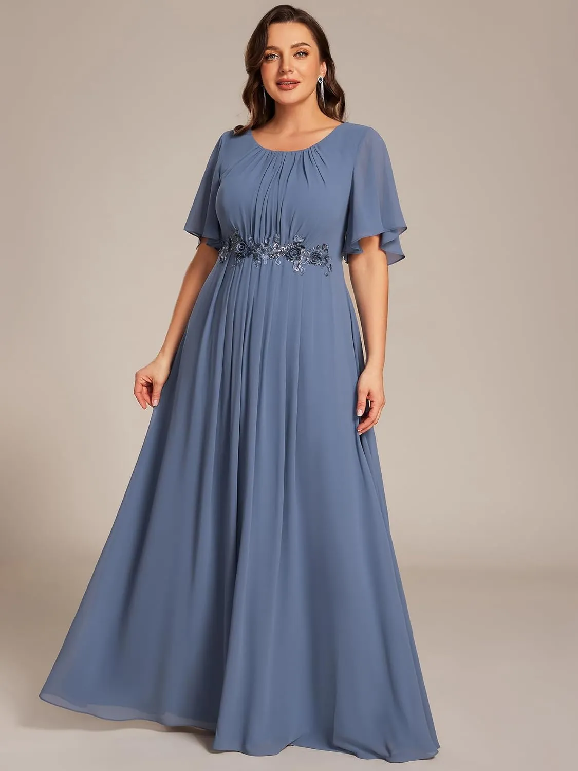 Ever-Pretty Plus Women's Round Neck Appliques Chiffon Short Sleeves Long Plus Size Formal Dresses Evening Gowns 02960-DA