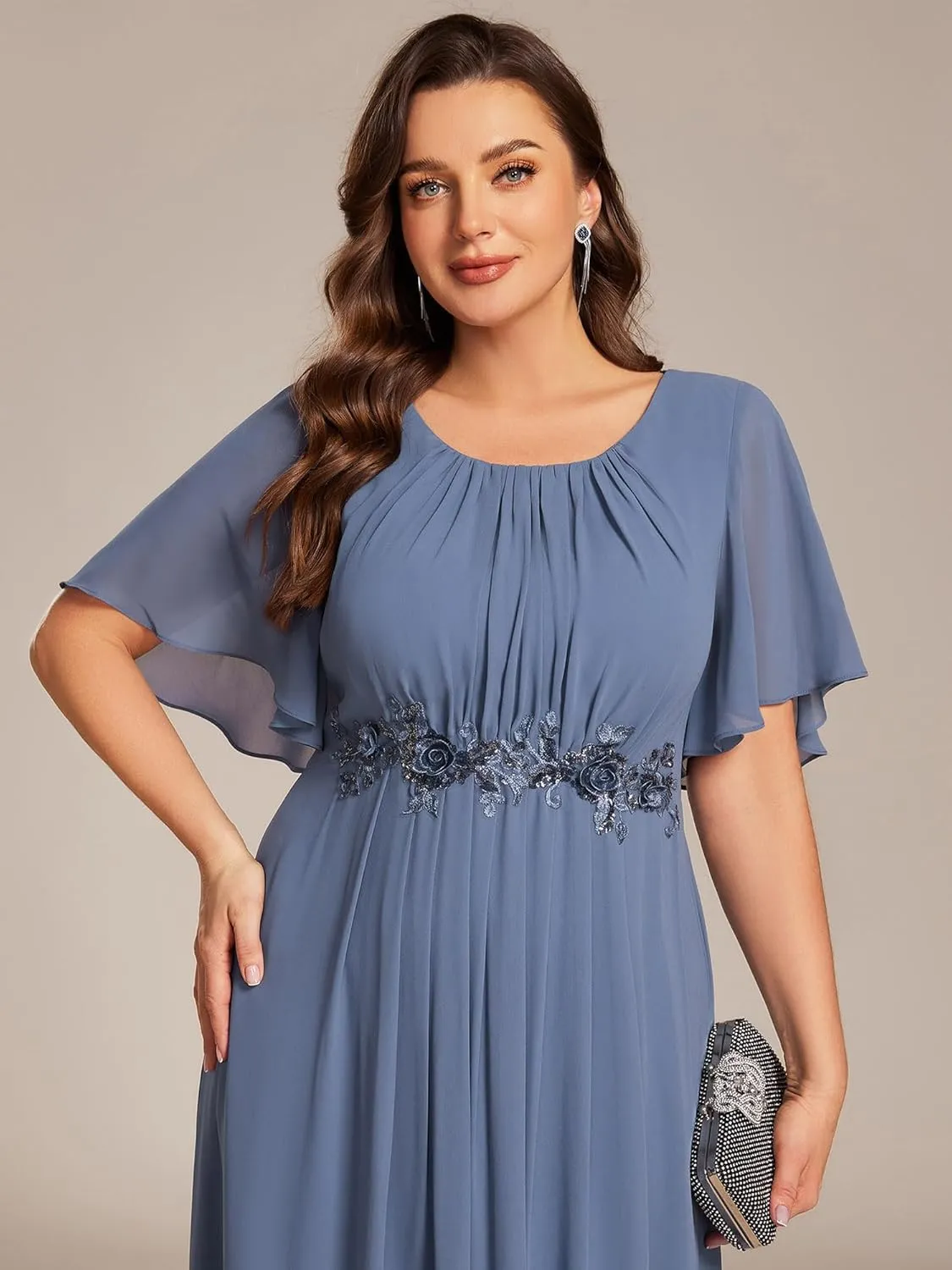 Ever-Pretty Plus Women's Round Neck Appliques Chiffon Short Sleeves Long Plus Size Formal Dresses Evening Gowns 02960-DA