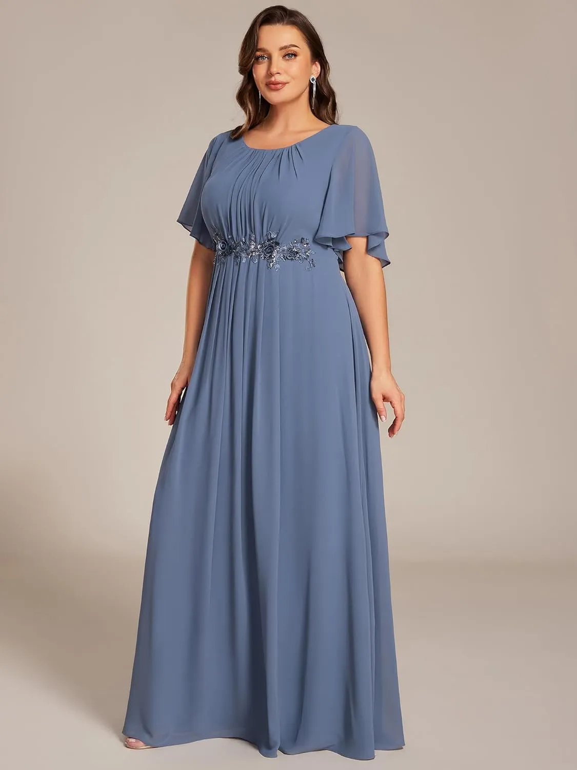 Ever-Pretty Plus Women's Round Neck Appliques Chiffon Short Sleeves Long Plus Size Formal Dresses Evening Gowns 02960-DA