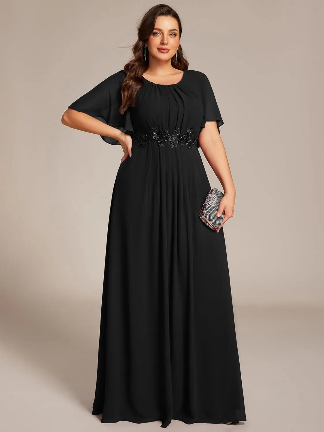 Ever-Pretty Plus Women's Round Neck Appliques Chiffon Short Sleeves Long Plus Size Formal Dresses Evening Gowns 02960-DA