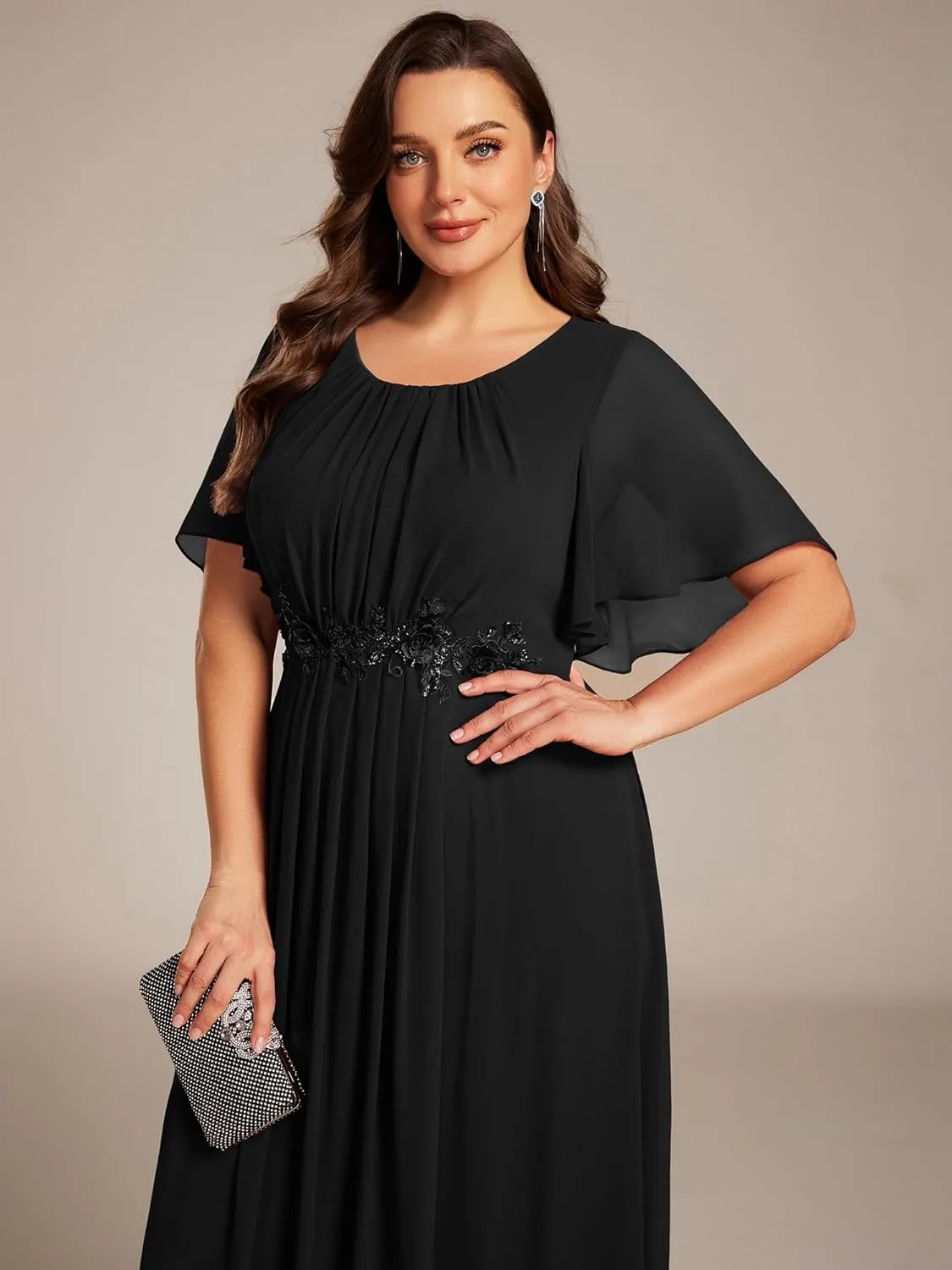 Ever-Pretty Plus Women's Round Neck Appliques Chiffon Short Sleeves Long Plus Size Formal Dresses Evening Gowns 02960-DA