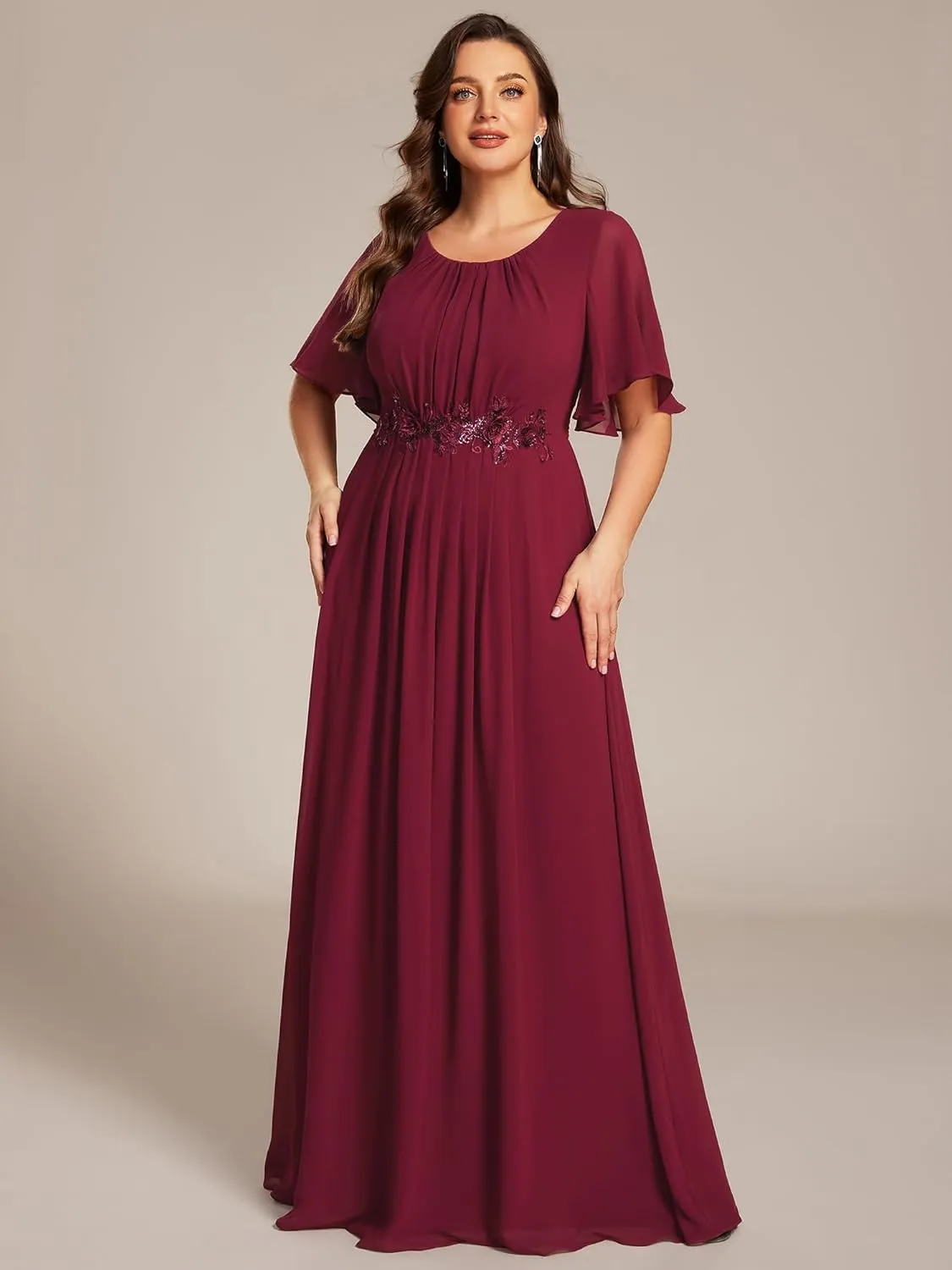 Ever-Pretty Plus Women's Round Neck Appliques Chiffon Short Sleeves Long Plus Size Formal Dresses Evening Gowns 02960-DA