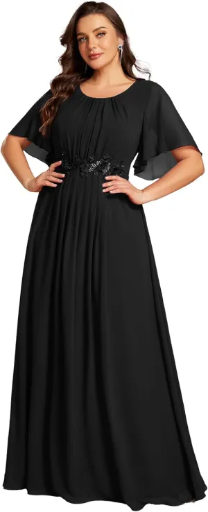 Ever-Pretty Plus Women's Round Neck Appliques Chiffon Short Sleeves Long Plus Size Formal Dresses Evening Gowns 02960-DA