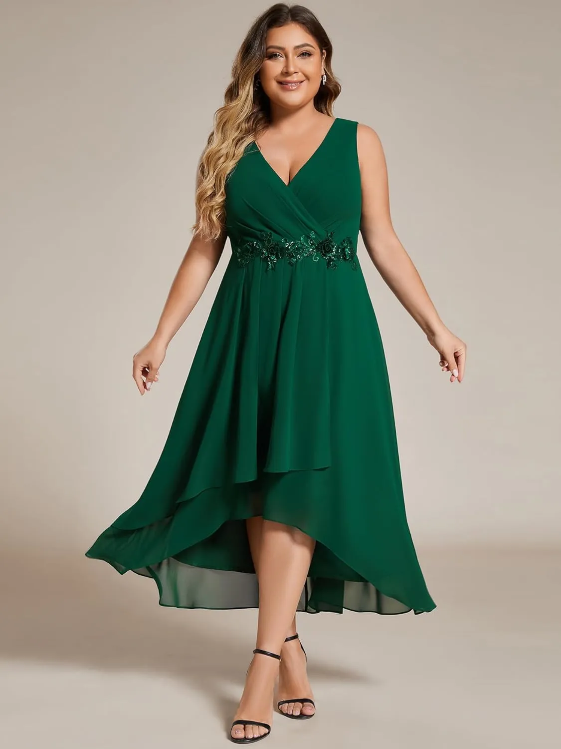 Ever-Pretty Women's Summer Chiffon Sleeveless V Neck Applique Plus Size High Low Formal Wedding Guest Dresses 41926-DA