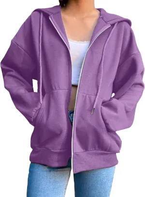 Fashion Hoodies Zipper Oversized Loose Fit Women Long Sleeve Solid Jackets Soft Vintage Sweatshirt with Pocket