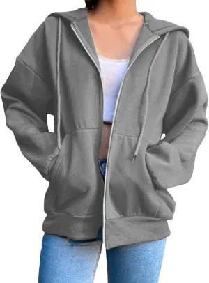 Fashion Hoodies Zipper Oversized Loose Fit Women Long Sleeve Solid Jackets Soft Vintage Sweatshirt with Pocket