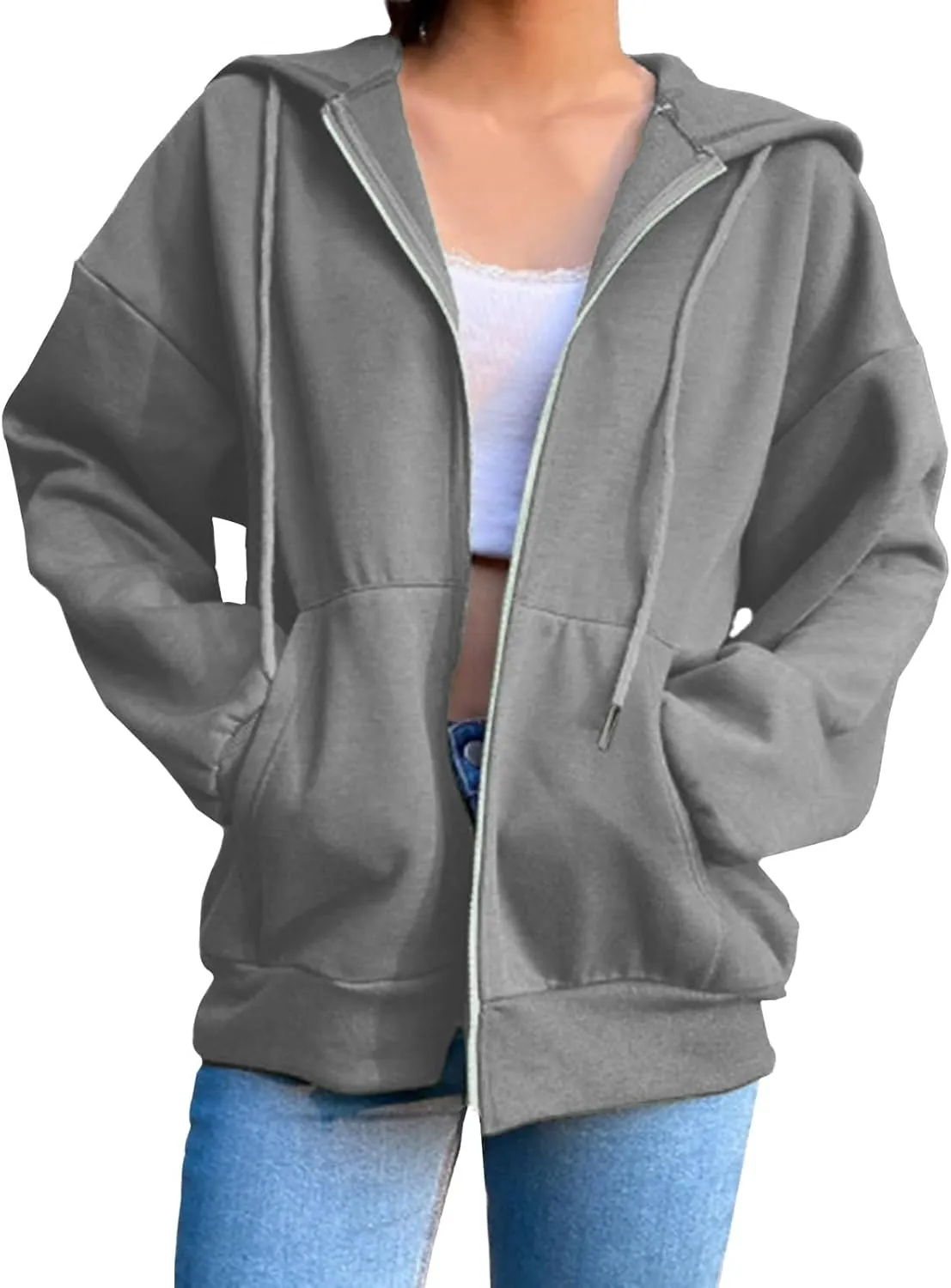 Fashion Hoodies Zipper Oversized Loose Fit Women Long Sleeve Solid Jackets Soft Vintage Sweatshirt with Pocket
