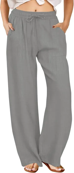FireSwan Womens Palazzo Pants Casual Drawstring Flowy Pants Wide Leg Summer Beach Linen Trousers with Pockets