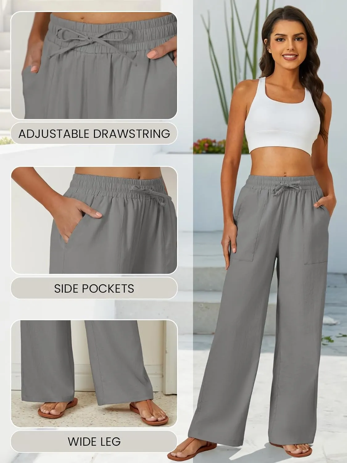 FireSwan Womens Palazzo Pants Casual Drawstring Flowy Pants Wide Leg Summer Beach Linen Trousers with Pockets