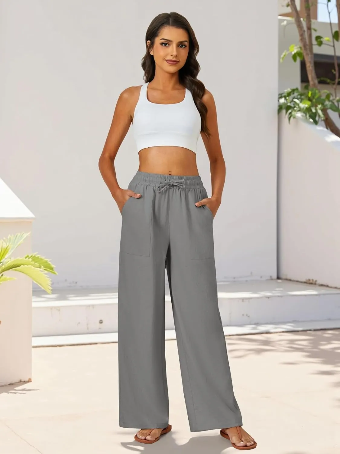 FireSwan Womens Palazzo Pants Casual Drawstring Flowy Pants Wide Leg Summer Beach Linen Trousers with Pockets