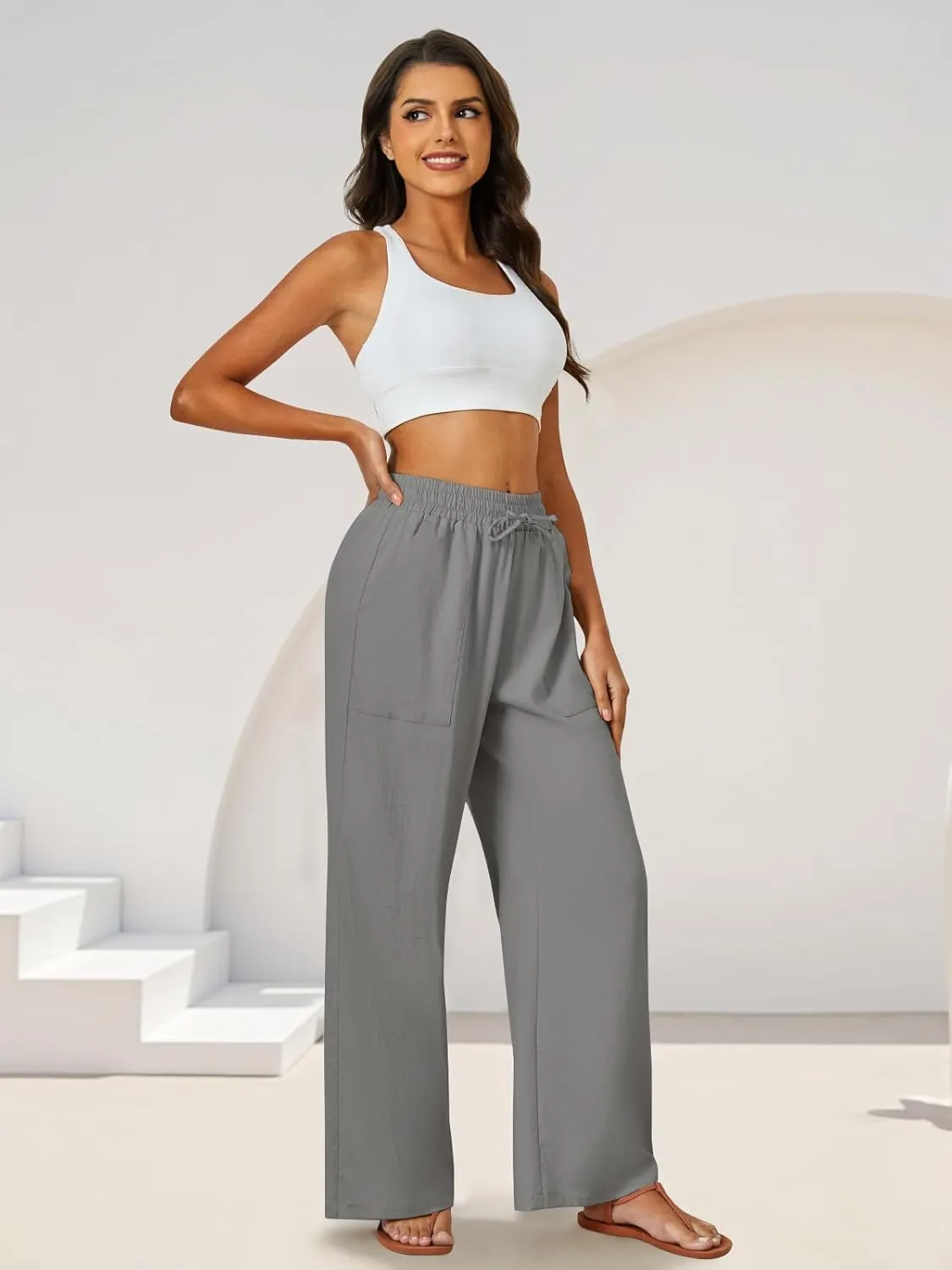 FireSwan Womens Palazzo Pants Casual Drawstring Flowy Pants Wide Leg Summer Beach Linen Trousers with Pockets