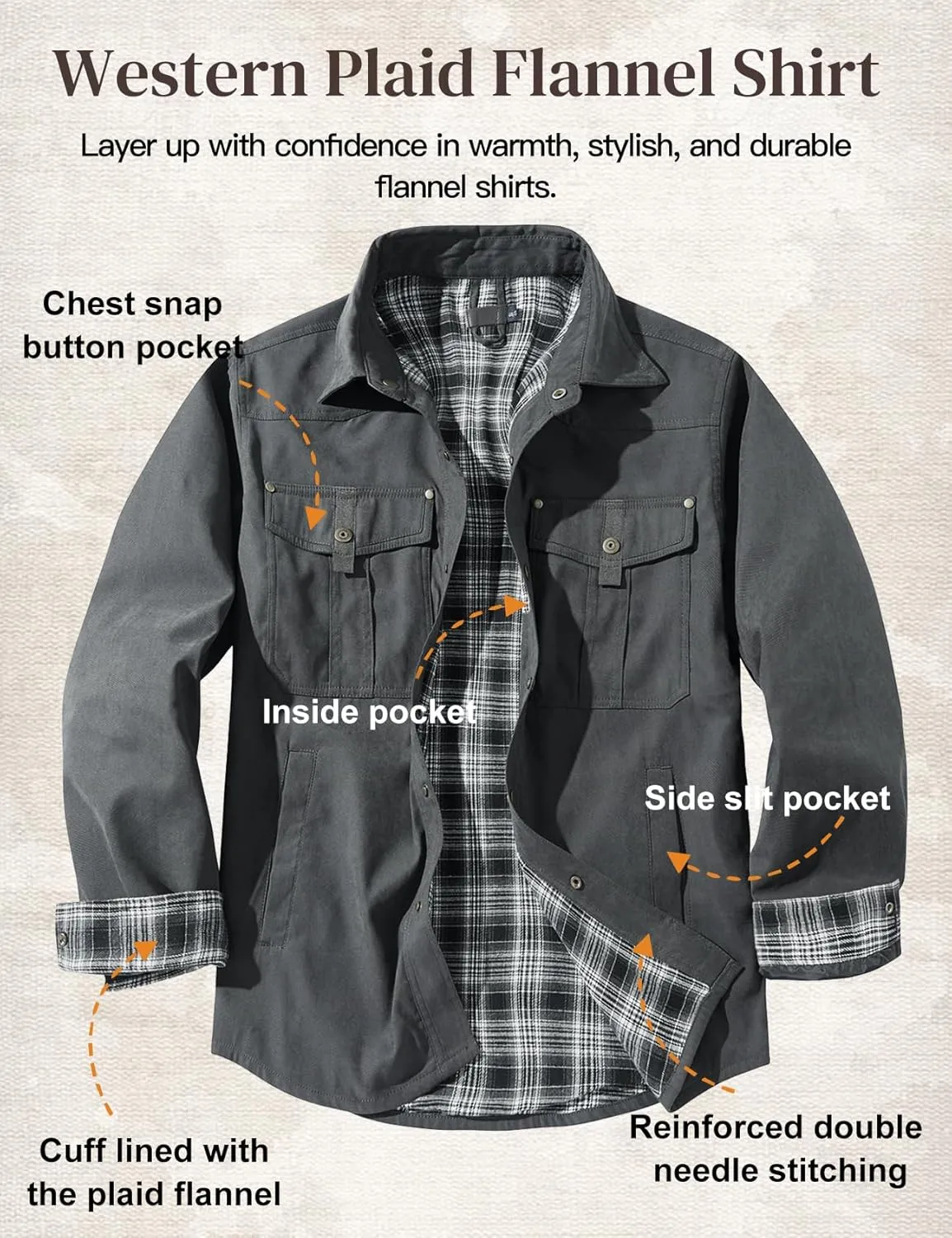 Flannel Lined Shirt Jacket for Men Lightweight Snap Button Western Cowboy Shirts Jackets Shacket