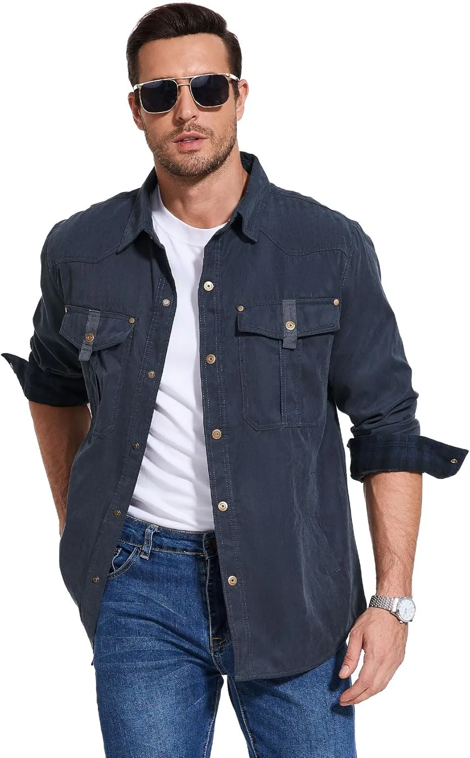 Flannel Lined Shirt Jacket for Men Lightweight Snap Button Western Cowboy Shirts Jackets Shacket
