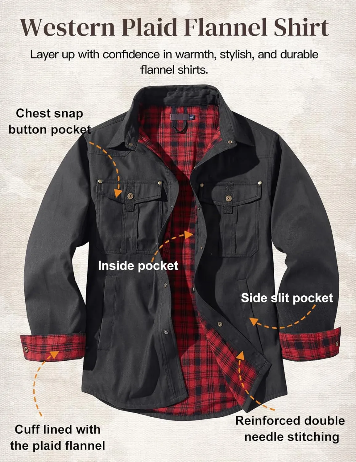 Flannel Lined Shirt Jacket for Men Lightweight Snap Button Western Cowboy Shirts Jackets Shacket