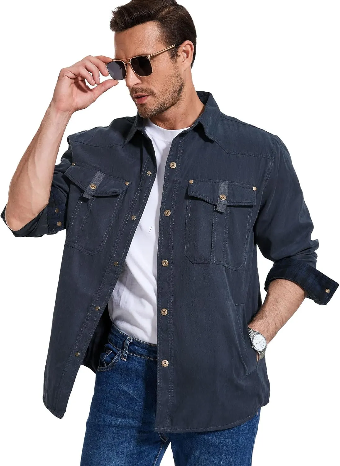 Flannel Lined Shirt Jacket for Men Lightweight Snap Button Western Cowboy Shirts Jackets Shacket
