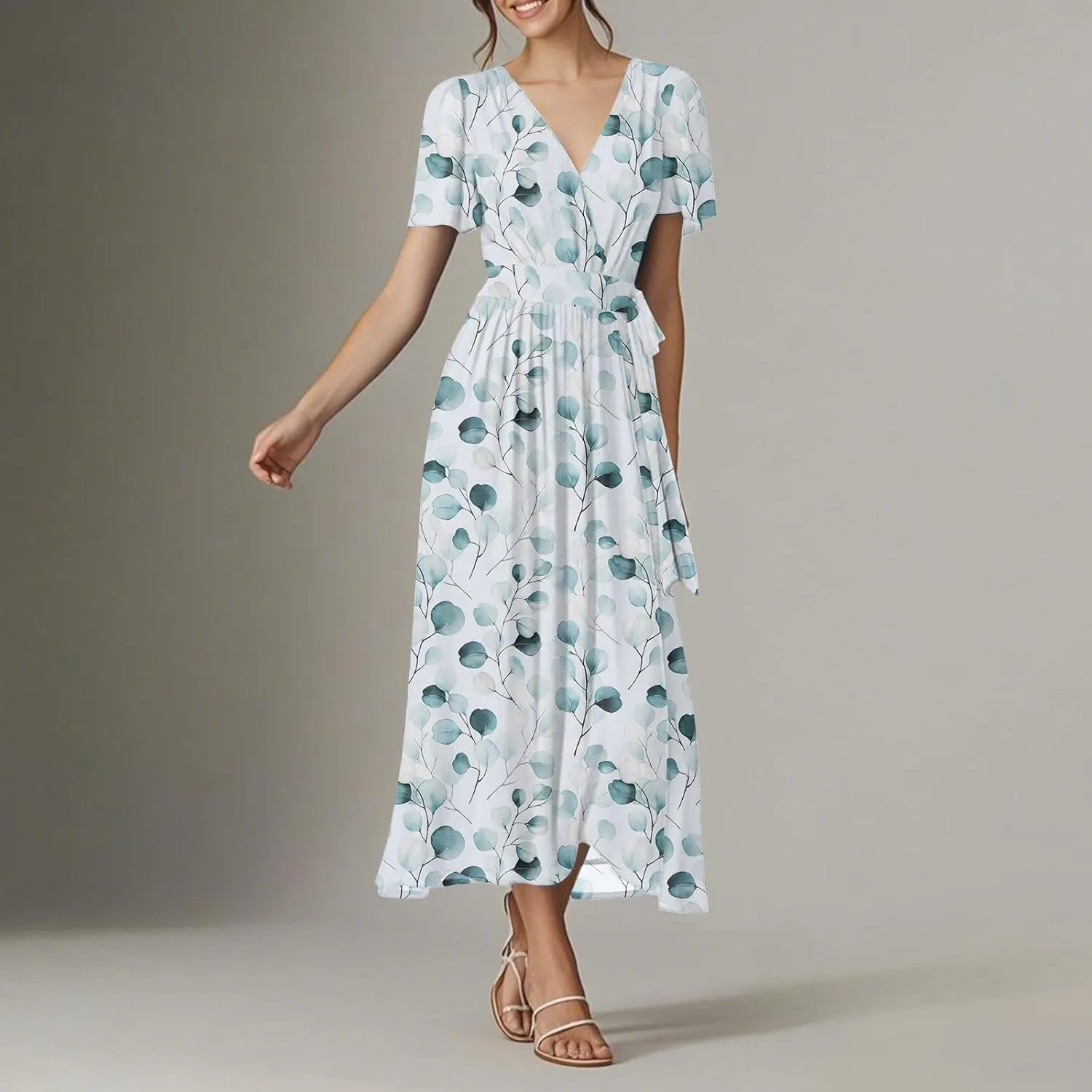 Floral Maxi Dresses for Women 2025 Vacation Casual Short Sleeve V Neck Long Flowy Dress Modest A Line Wrap Dress