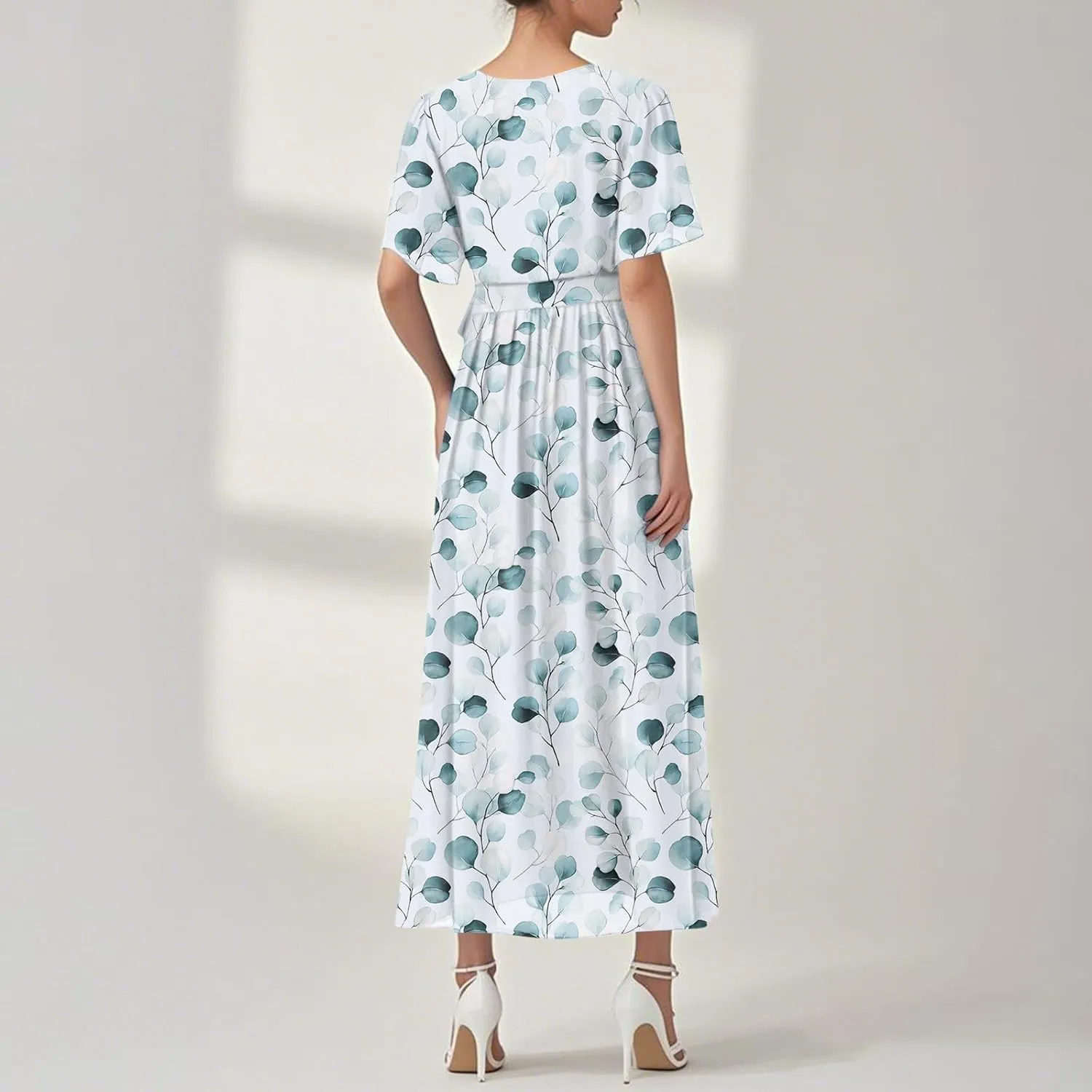 Floral Maxi Dresses for Women 2025 Vacation Casual Short Sleeve V Neck Long Flowy Dress Modest A Line Wrap Dress