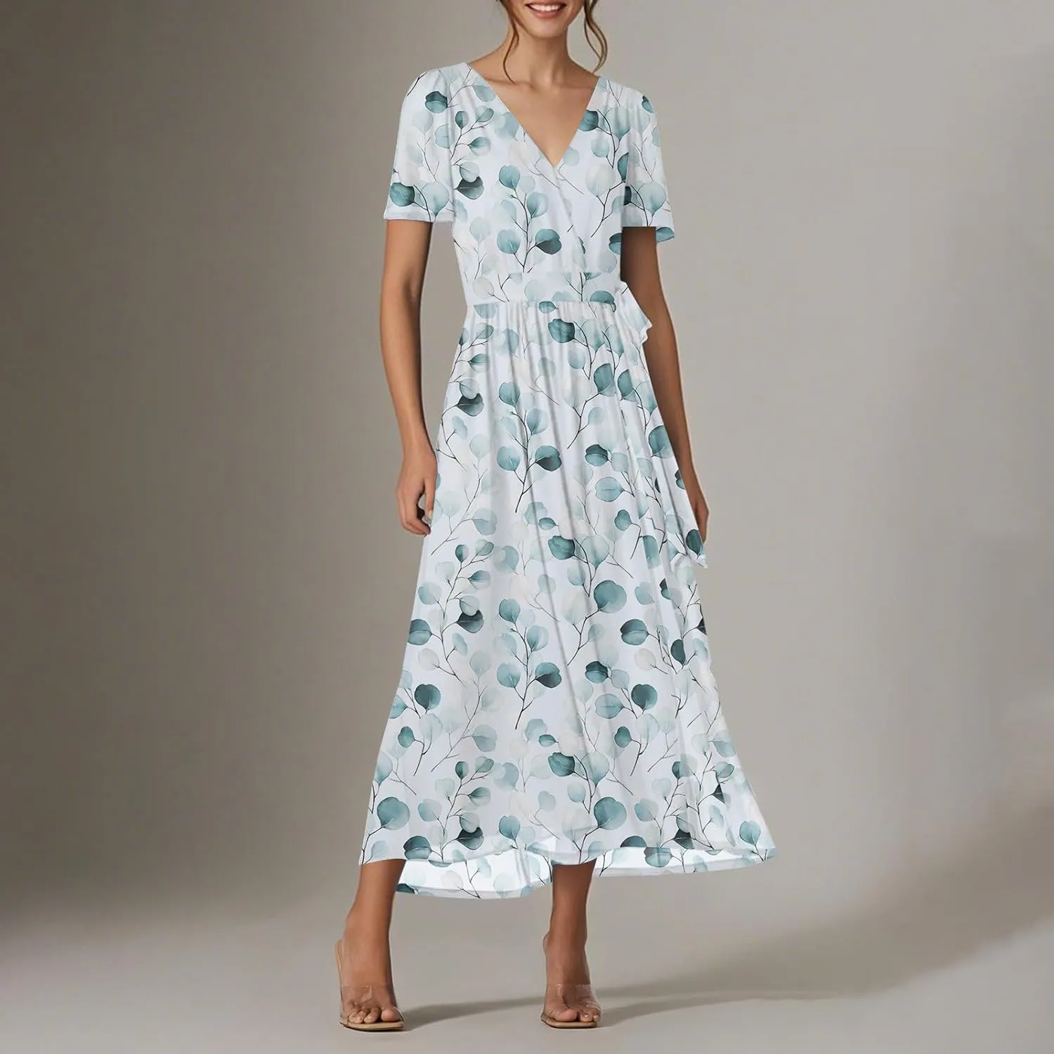Floral Maxi Dresses for Women 2025 Vacation Casual Short Sleeve V Neck Long Flowy Dress Modest A Line Wrap Dress