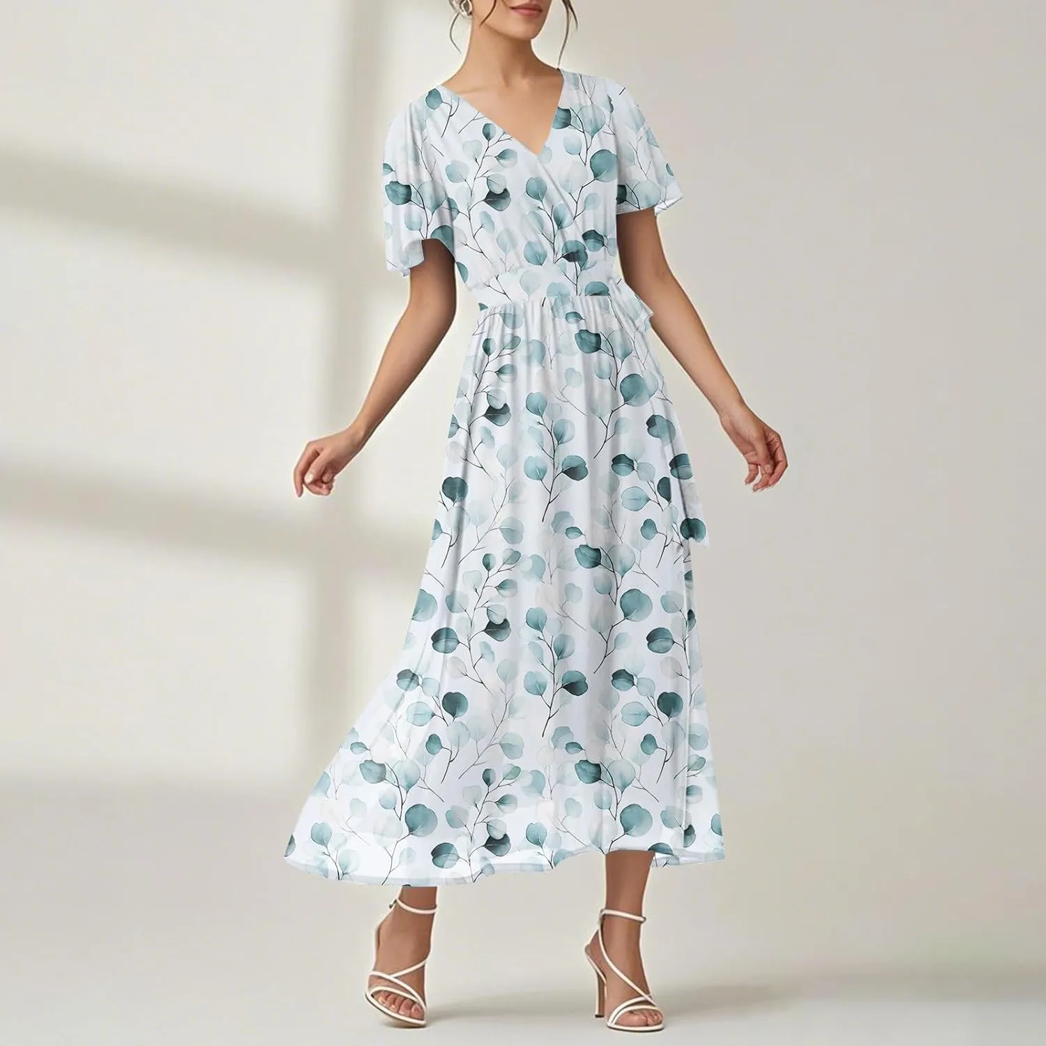 Floral Maxi Dresses for Women 2025 Vacation Casual Short Sleeve V Neck Long Flowy Dress Modest A Line Wrap Dress