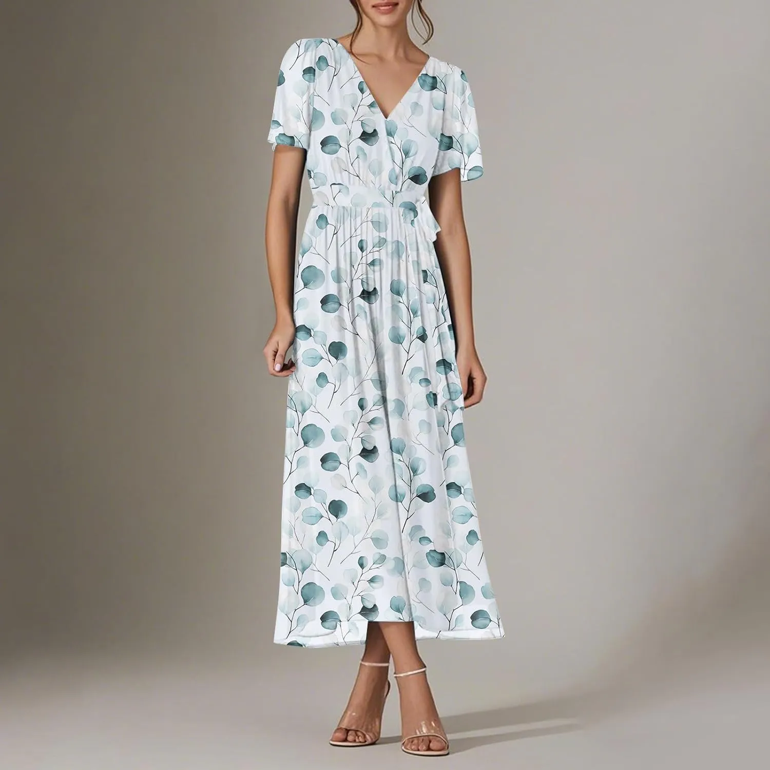 Floral Maxi Dresses for Women 2025 Vacation Casual Short Sleeve V Neck Long Flowy Dress Modest A Line Wrap Dress