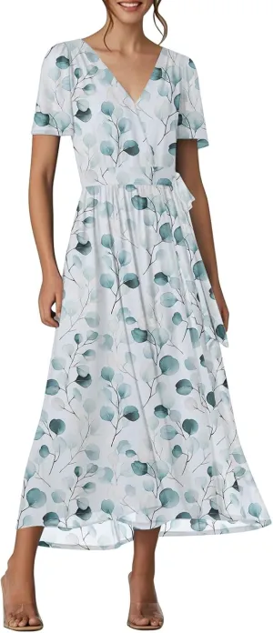 Floral Maxi Dresses for Women 2025 Vacation Casual Short Sleeve V Neck Long Flowy Dress Modest A Line Wrap Dress