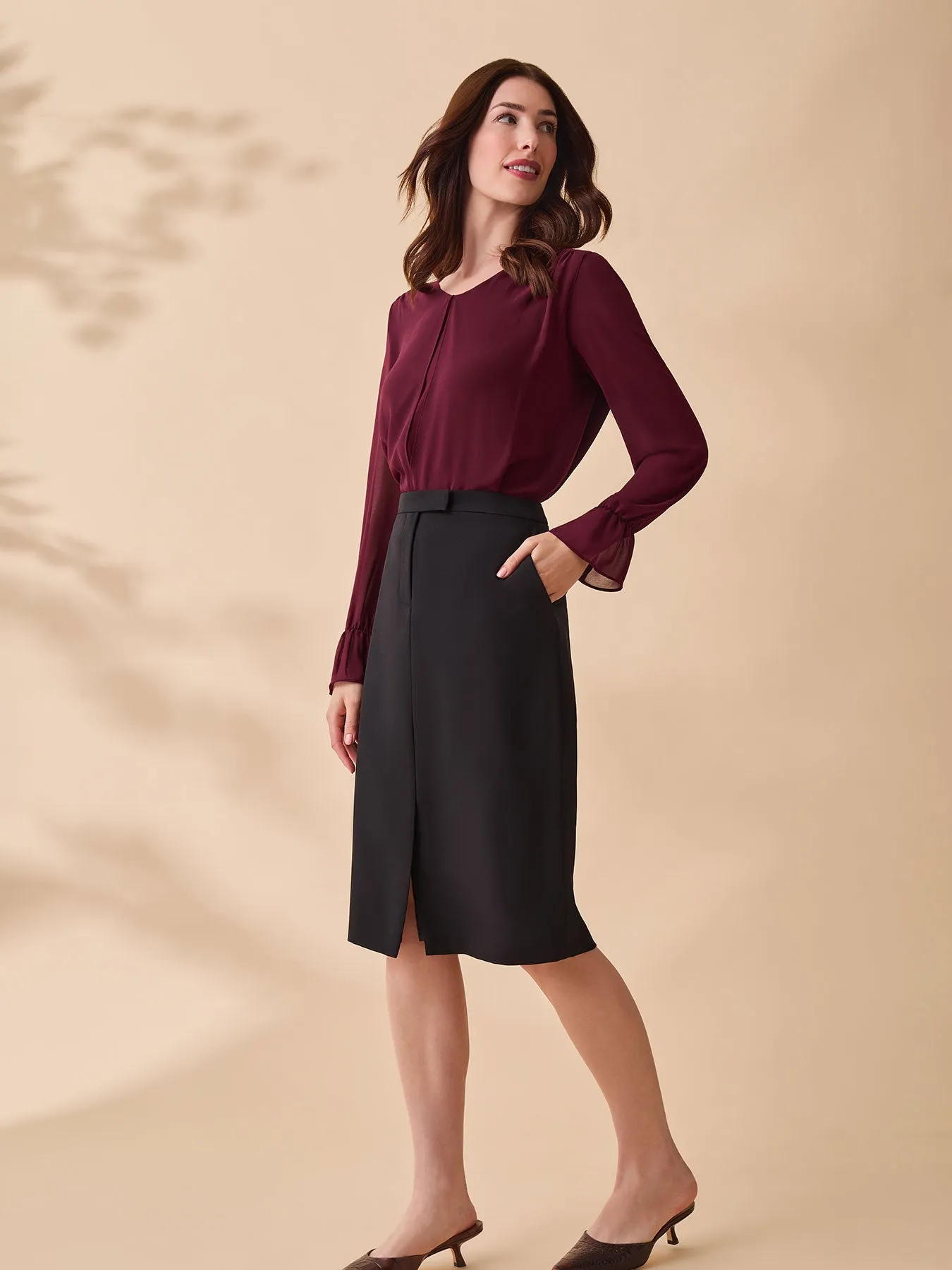 Flounce Sleeve Blouse, Crepe De Chine