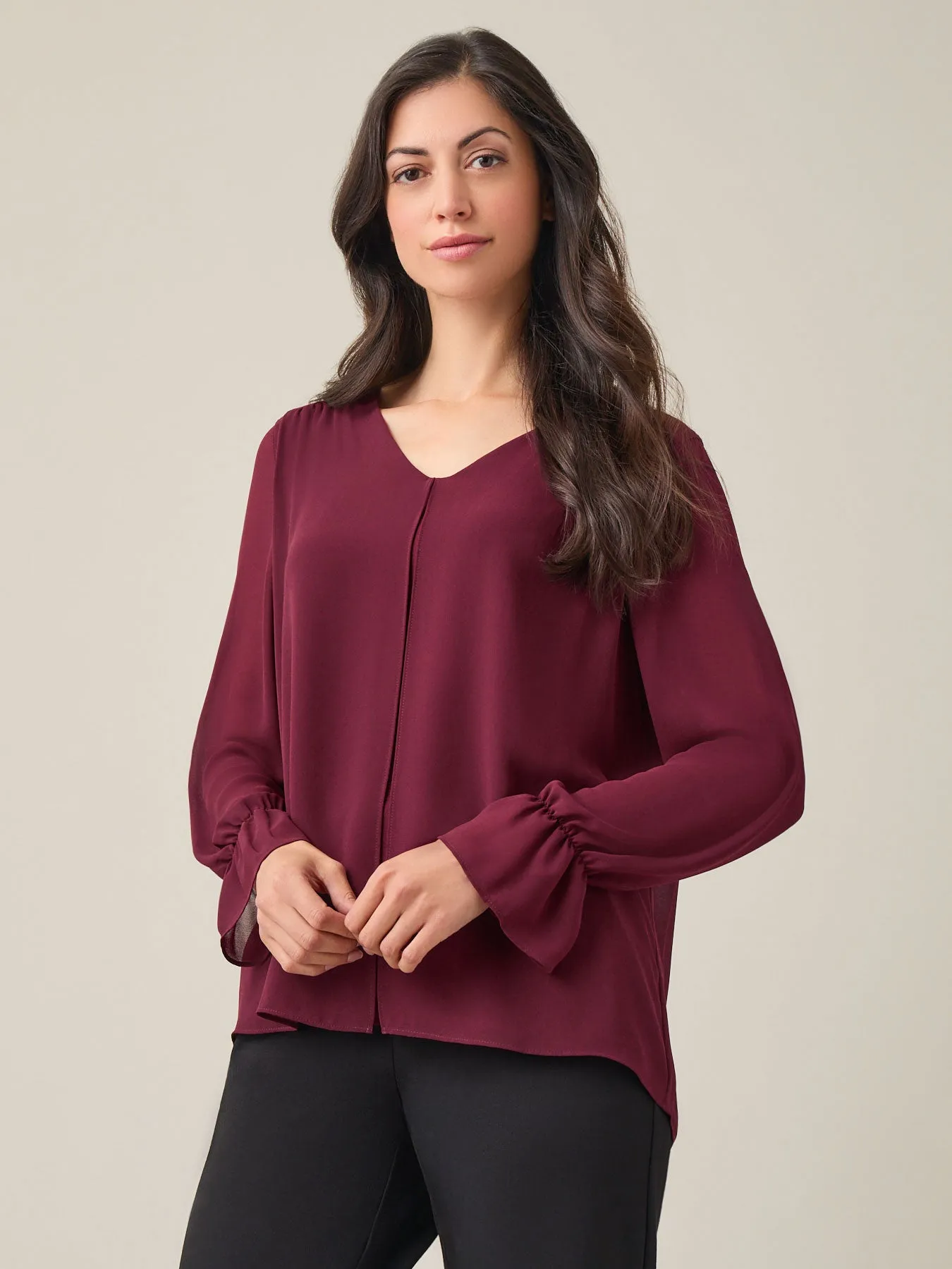 Flounce Sleeve Blouse, Crepe De Chine