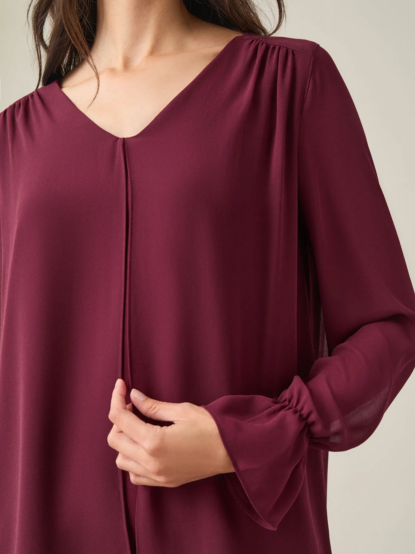 Flounce Sleeve Blouse, Crepe De Chine