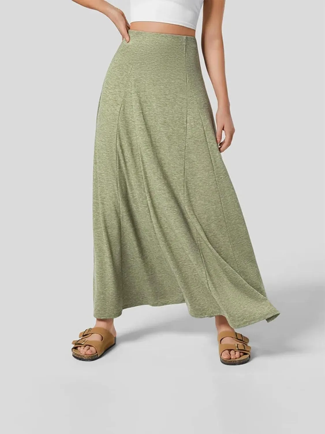 Fronage Women's A Line Maxi Skirt Casual Fashion Solid Floor Length Maxi Skirts High Waist Flowy Knit Long Skirt