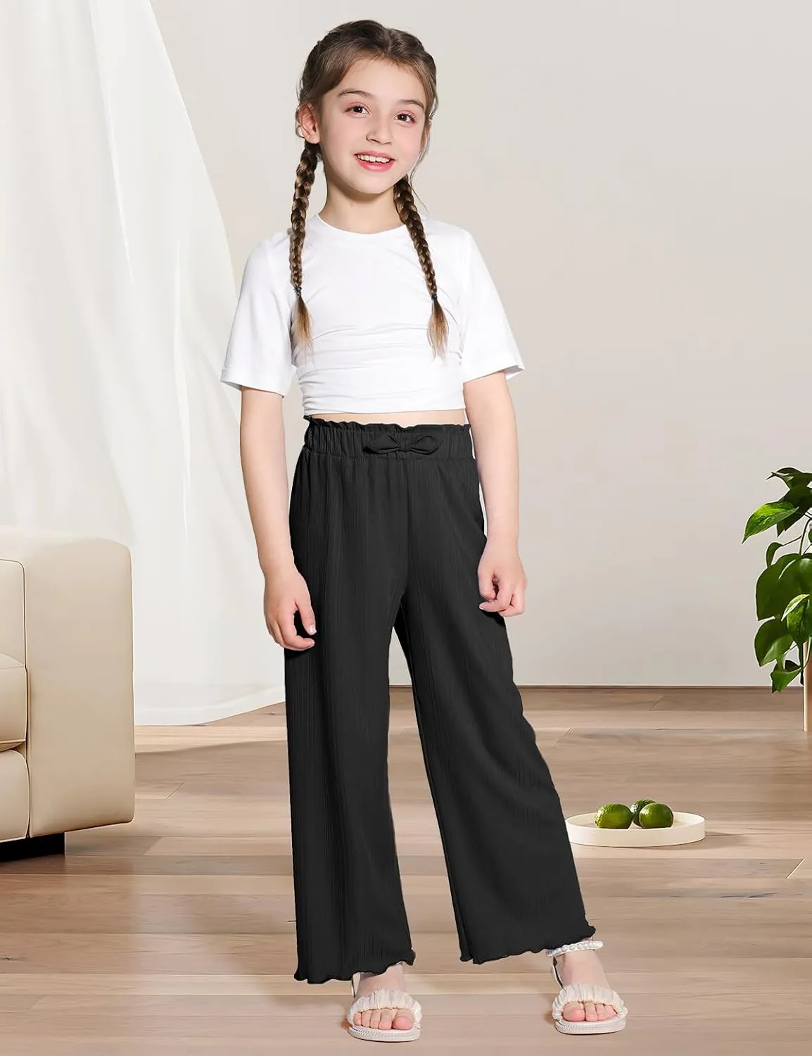 Girls Casual Pants Stretchy Palazzo Wide Leg Pants Soft Flowy Lounge Summer Outfit, 5-14Y