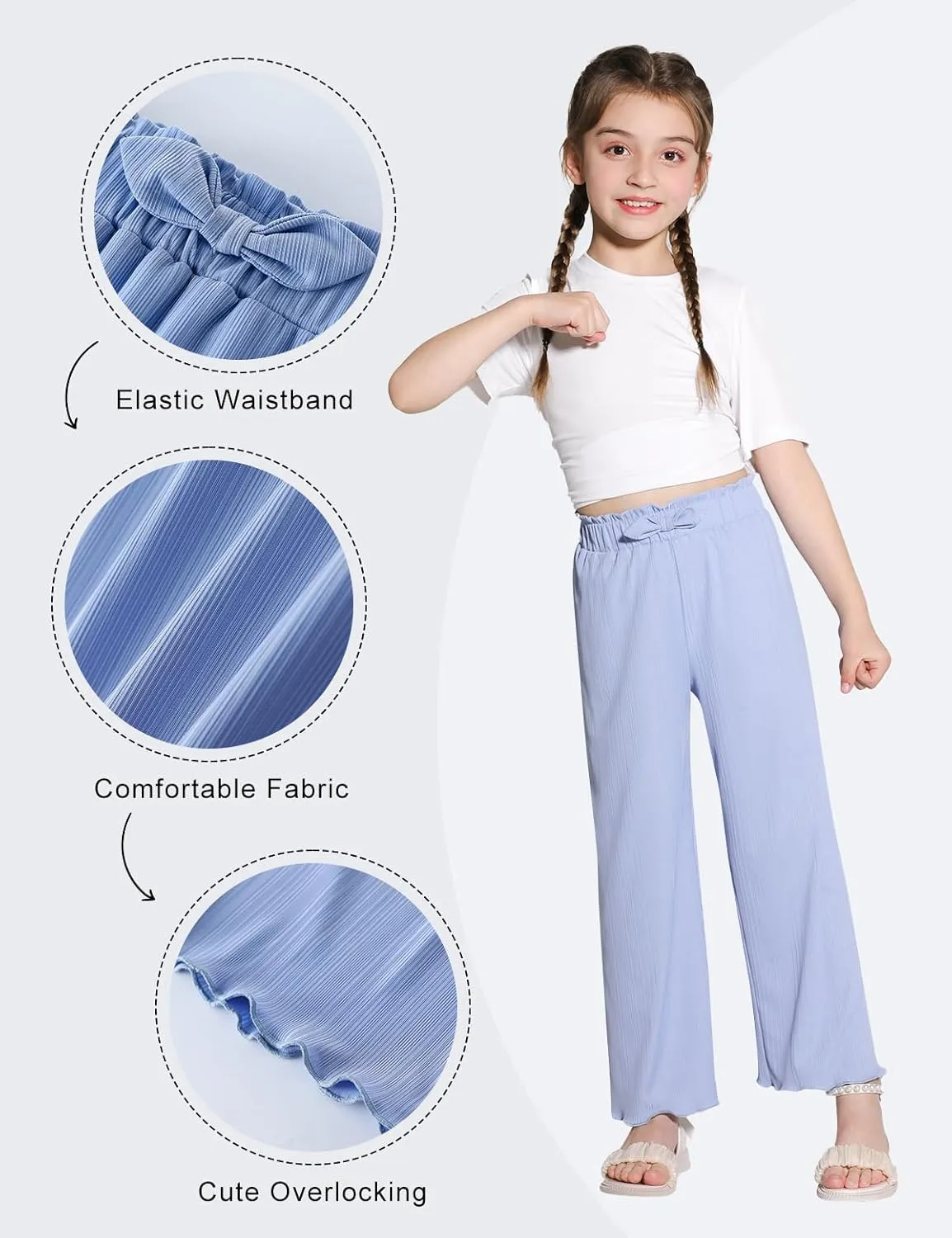 Girls Casual Pants Stretchy Palazzo Wide Leg Pants Soft Flowy Lounge Summer Outfit, 5-14Y