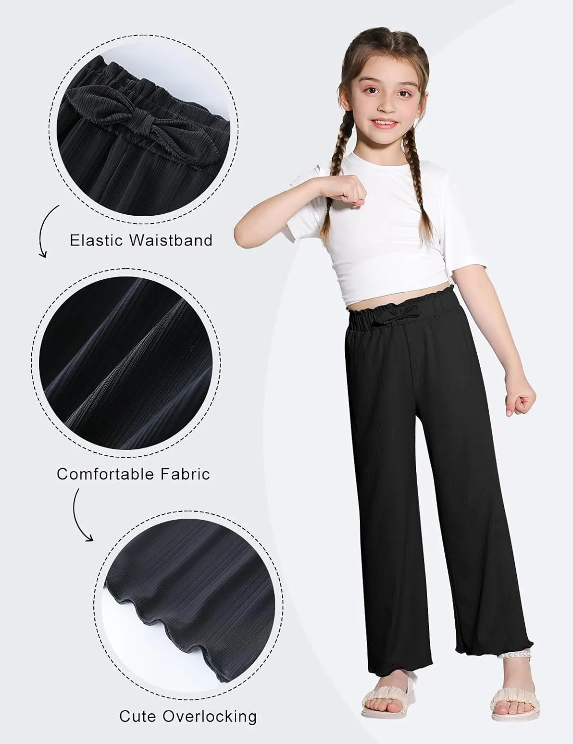 Girls Casual Pants Stretchy Palazzo Wide Leg Pants Soft Flowy Lounge Summer Outfit, 5-14Y