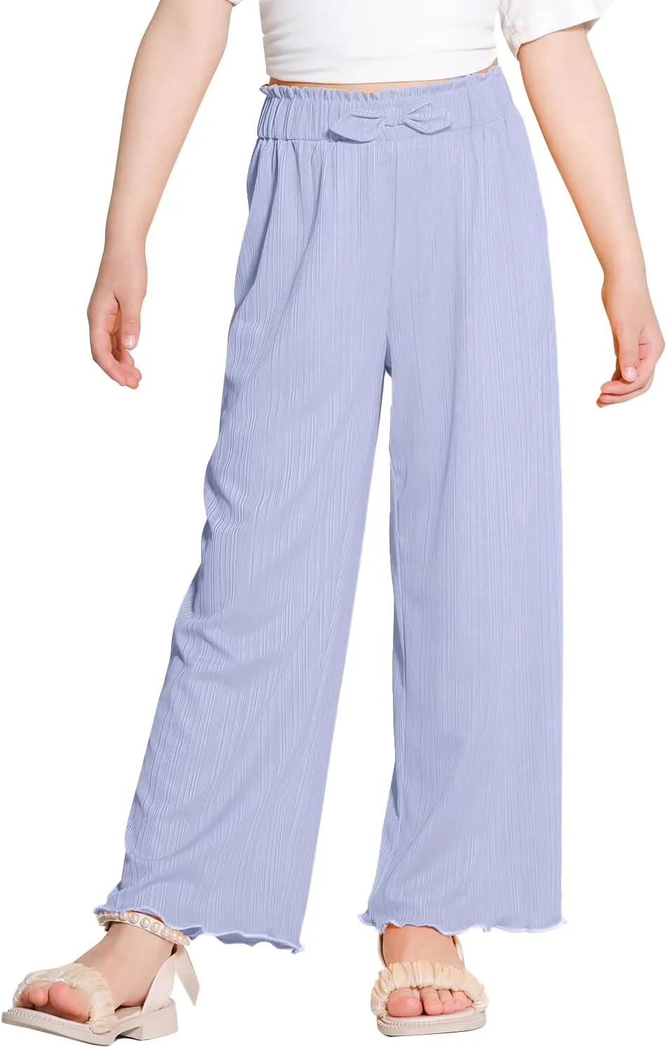 Girls Casual Pants Stretchy Palazzo Wide Leg Pants Soft Flowy Lounge Summer Outfit, 5-14Y